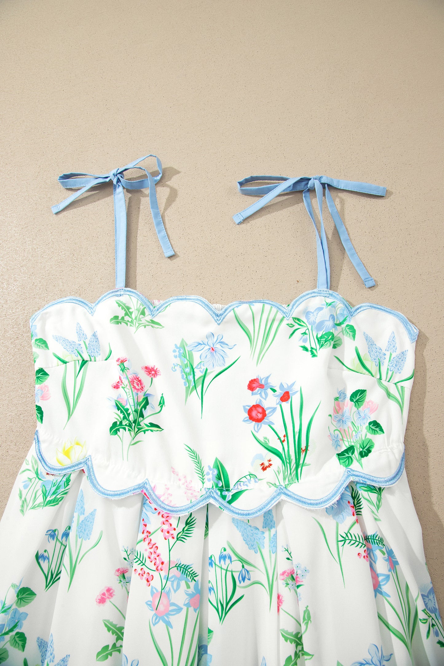 Beige Floral Print Contrast Trim Self-tie Straps High Waist Midi Dress