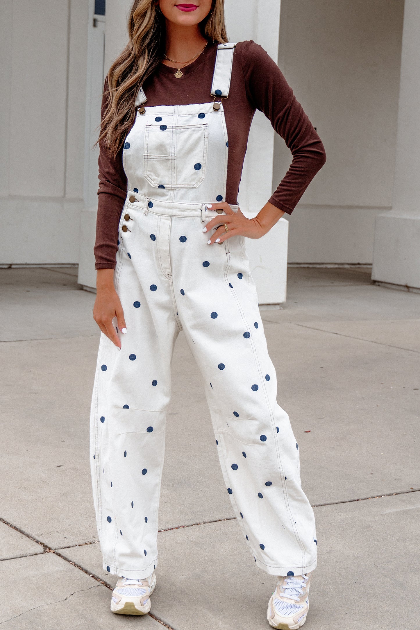 Phalaenopsis Polka Dot Print Bib Pocket Denim Barrel Overalls Jumpsuit
