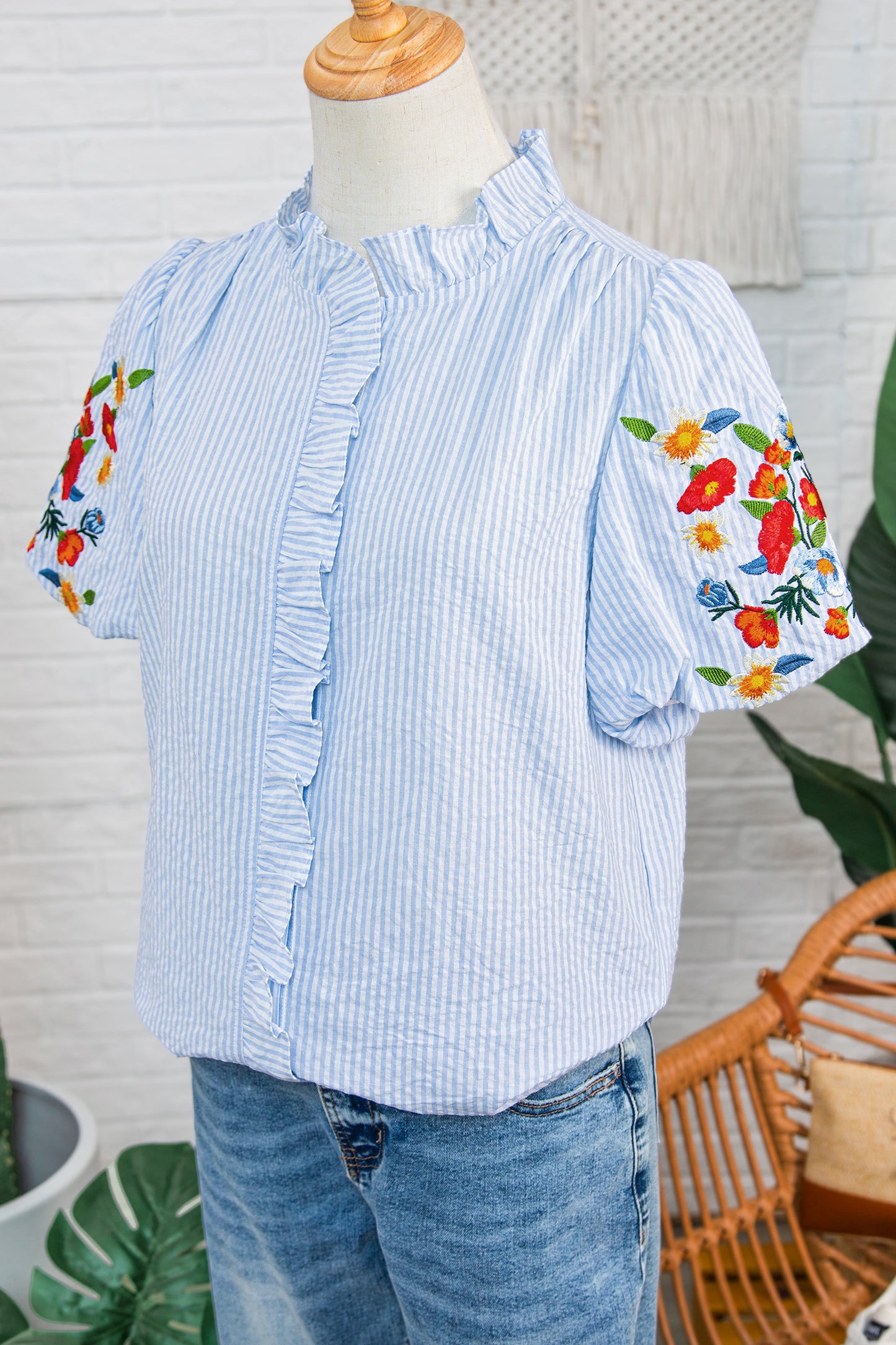 Sky Blue Stripe Floral Embroidered Puff Sleeve Ruffle Trim Shirt