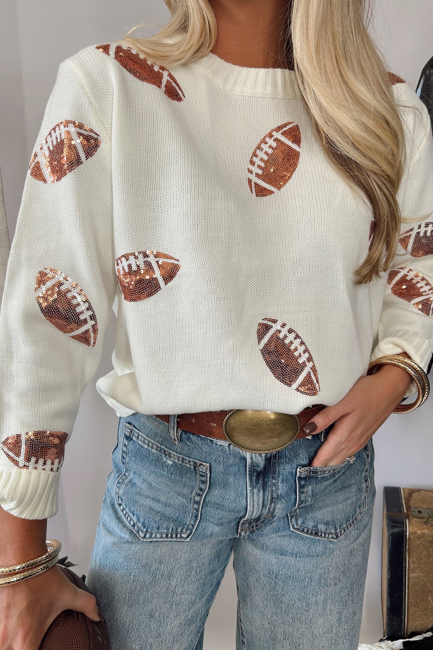 Beige Sequin Football Print Round Neck Long Sleeve Loose Fit Sweater