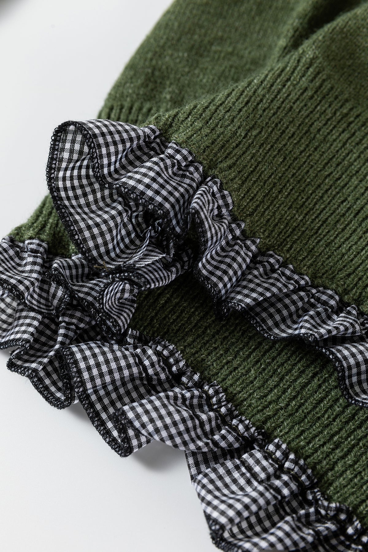 Chicory Coffee Contrast Plaid Ruffle Trim Pullover Sweater