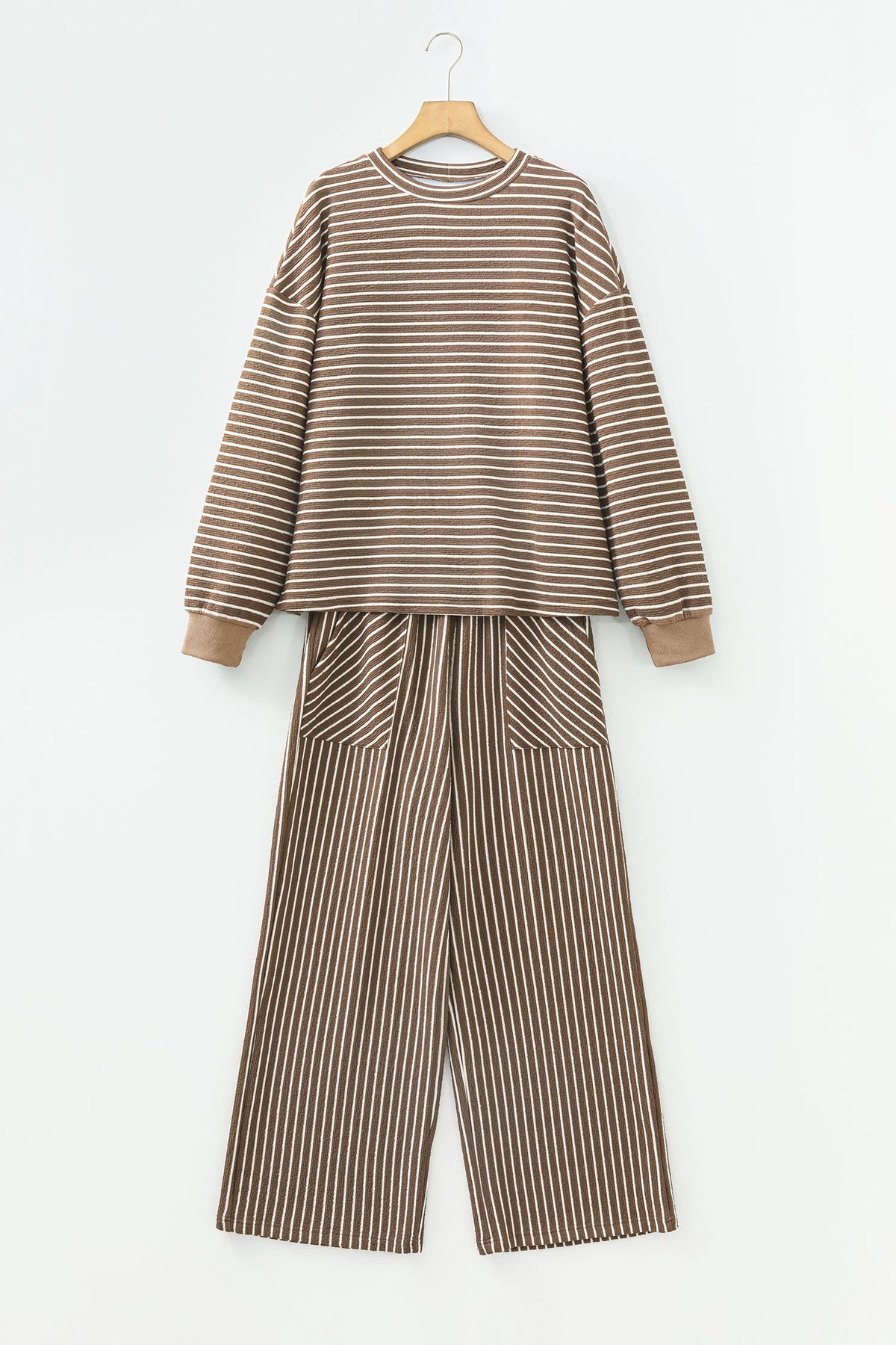 Black Stripe Drop Shoulder Relaxed Pullover Casual Pants 2pcs Set