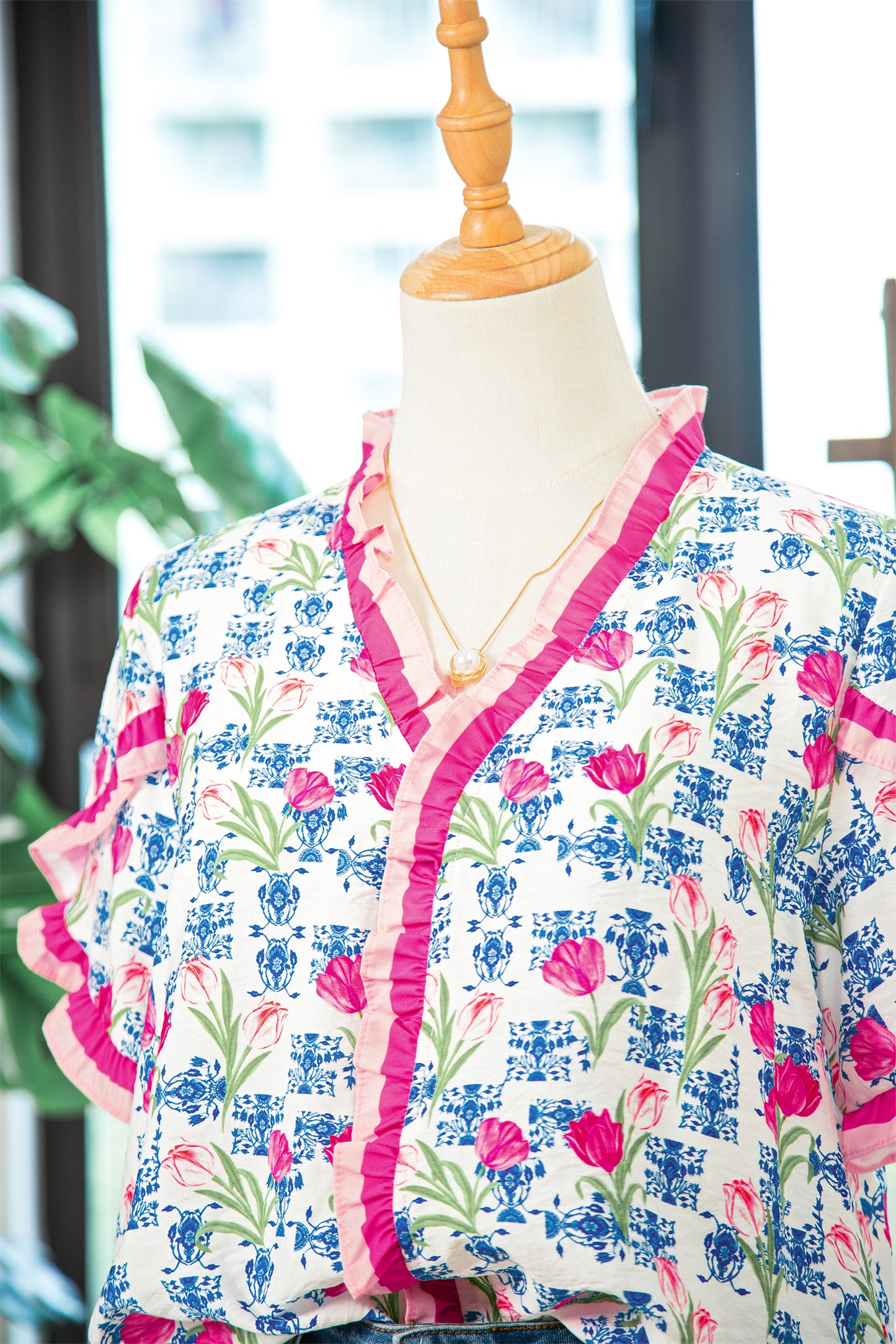Rose Floral Print Ruffle V-Neck Short Sleeve Loose Tunic Shirt