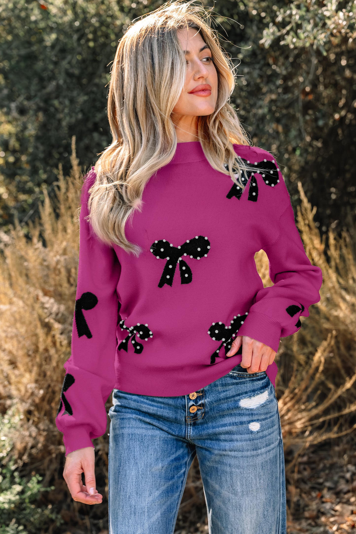 Smoke Gray Pearl Embellished Bow Pattern Loose Sweater
