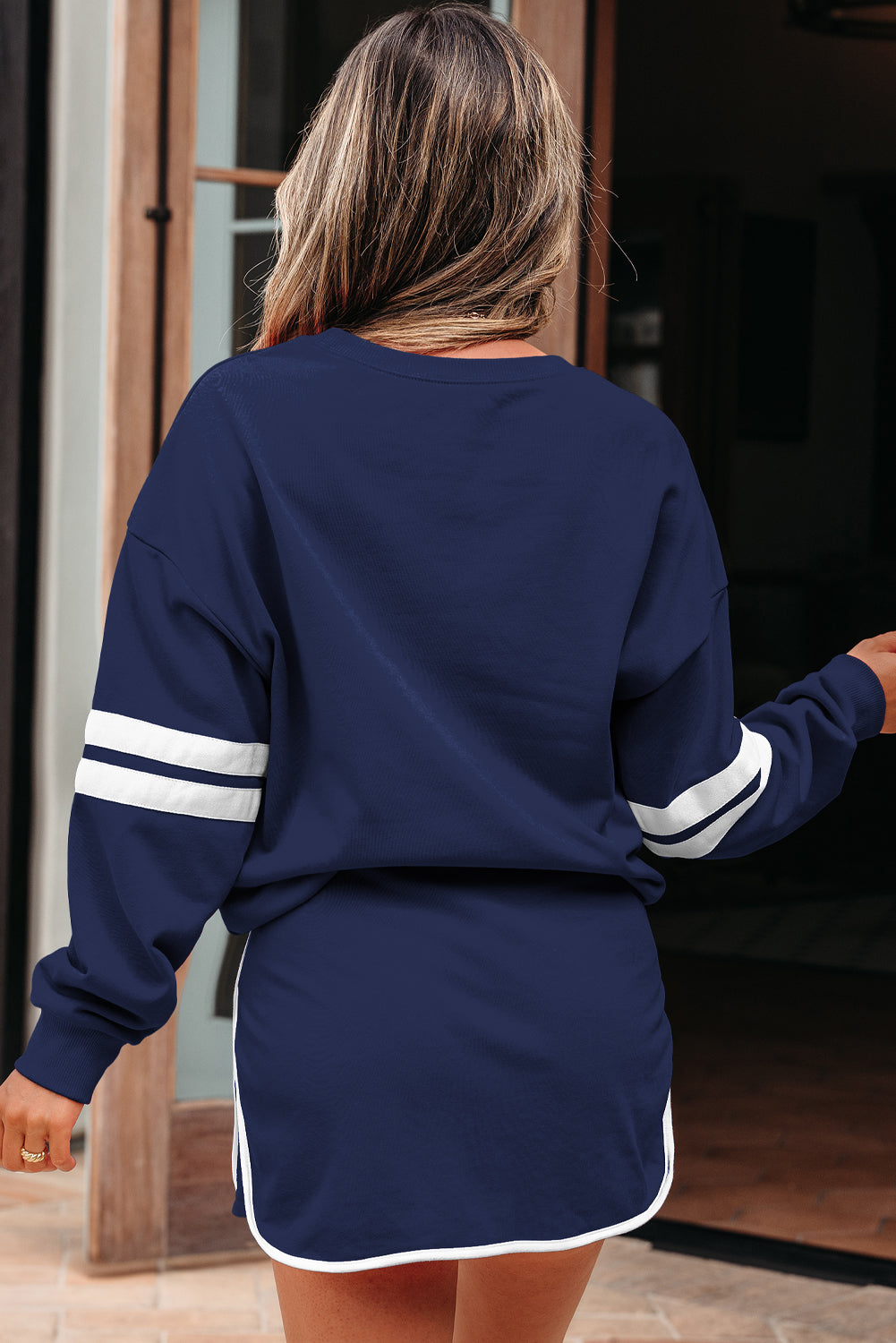 Sky Blue Varsity Stripe Detail Drop Shoulder Pullover Mini Skort Set