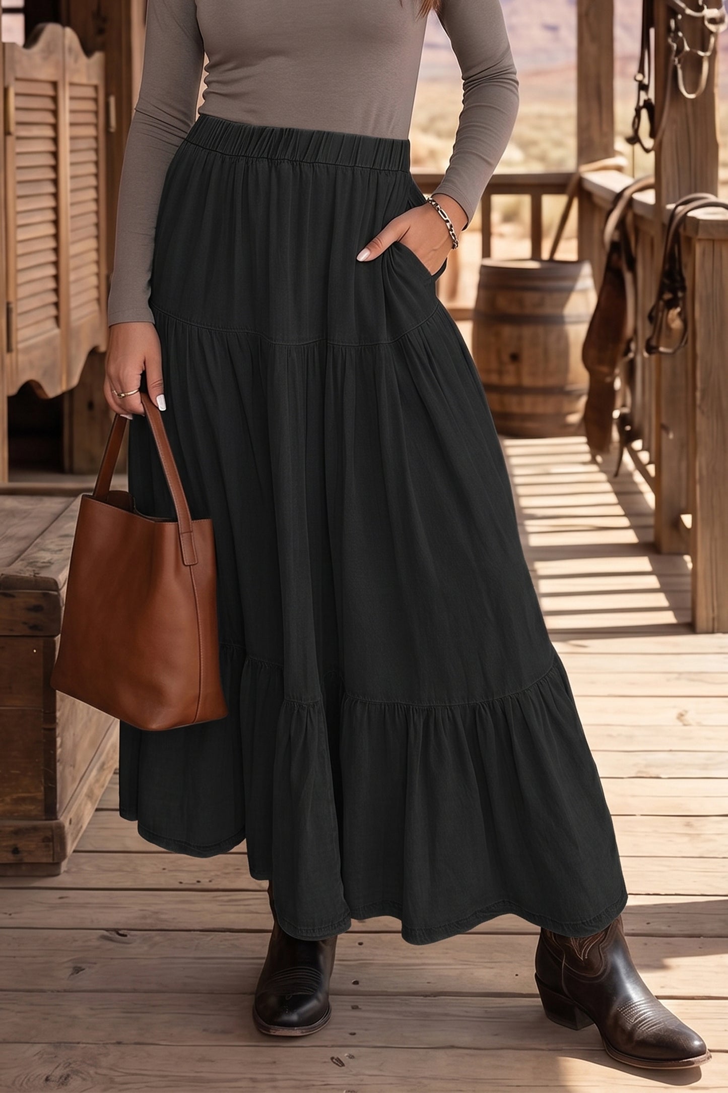 Beau Blue Elastic Waist Ruffled Tiered Flared Denim Maxi Skirt