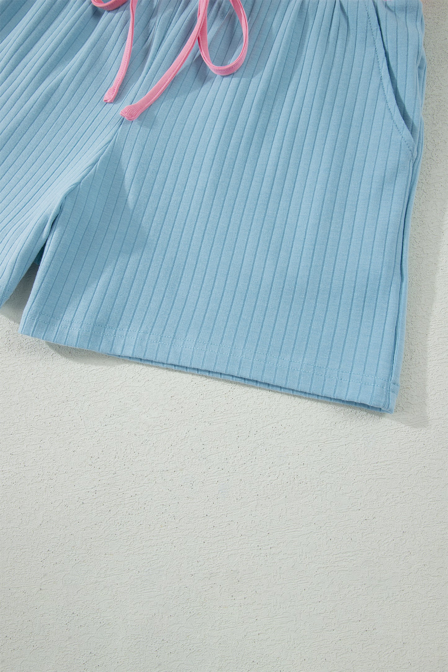 Sachet Pink Soft Ribbed Color Block Trim Casual Short Set