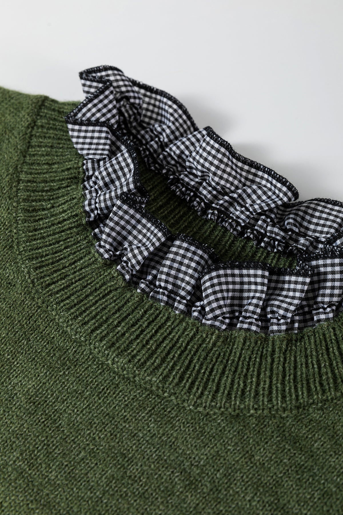 Chicory Coffee Contrast Plaid Ruffle Trim Pullover Sweater
