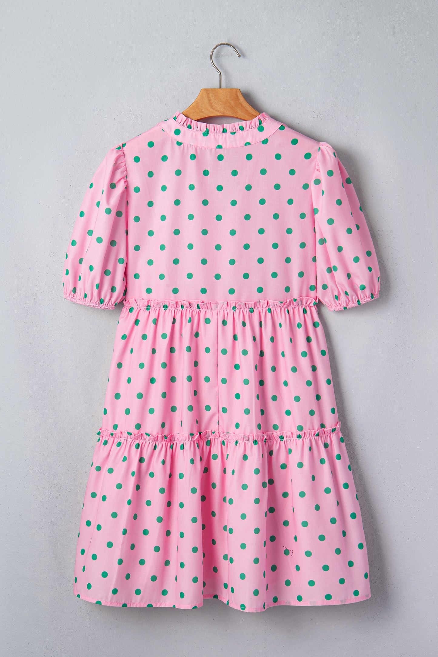 Pink Polka Dot Print V Neck Short Sleeve Tiered Mini Dress