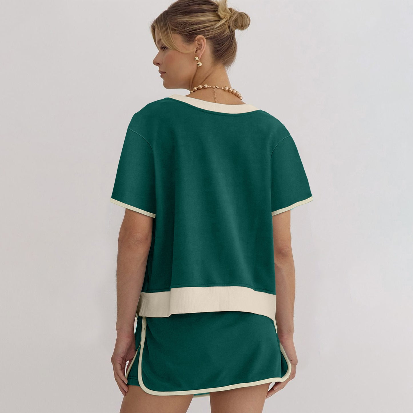 Turquoise Colorblock Edge Drop Shoulder T Shirt and Skort 2Pcs Set