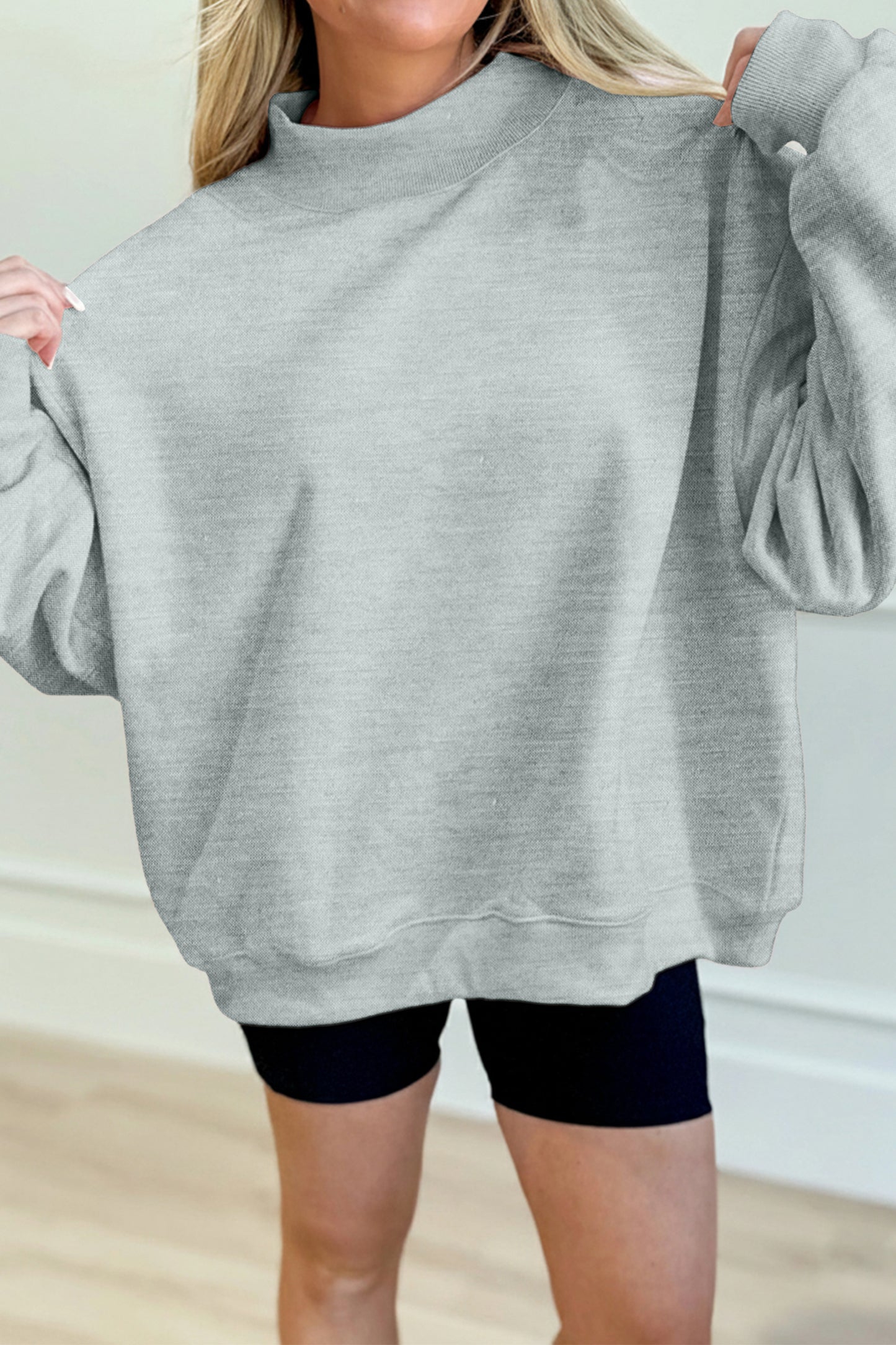 Dark Blue Solid Color Oversized Mock Neck Sweatshirt