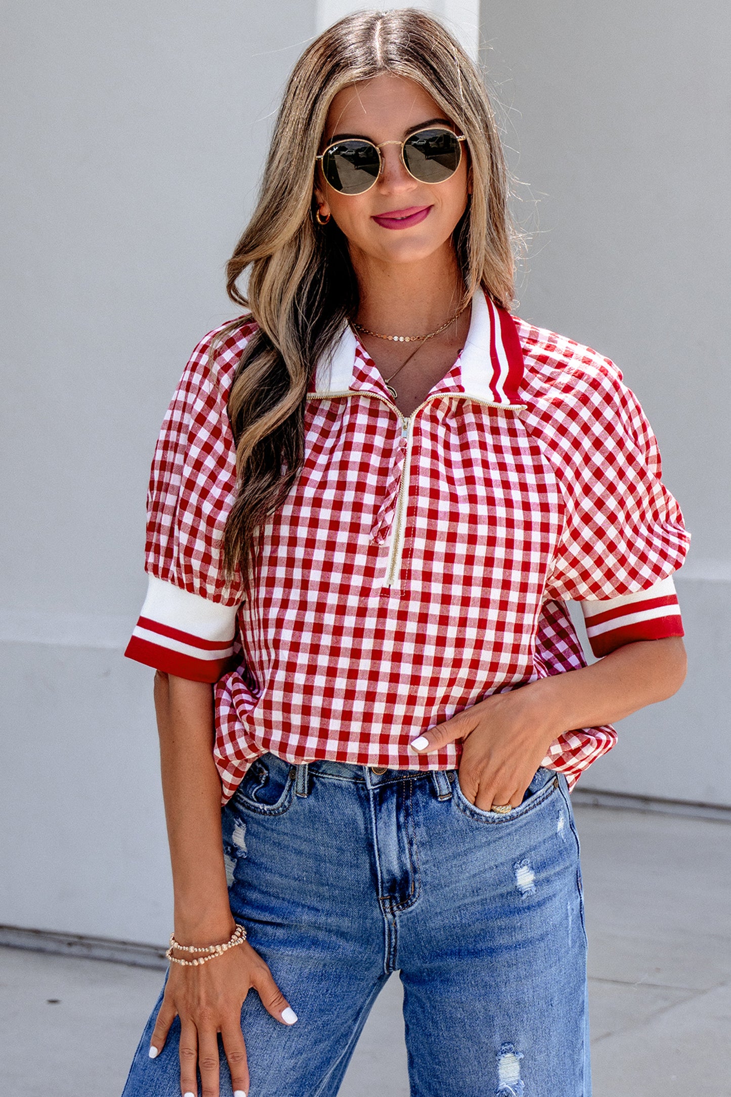 Red Gingham Striped Patchwork Half Zip Blouse