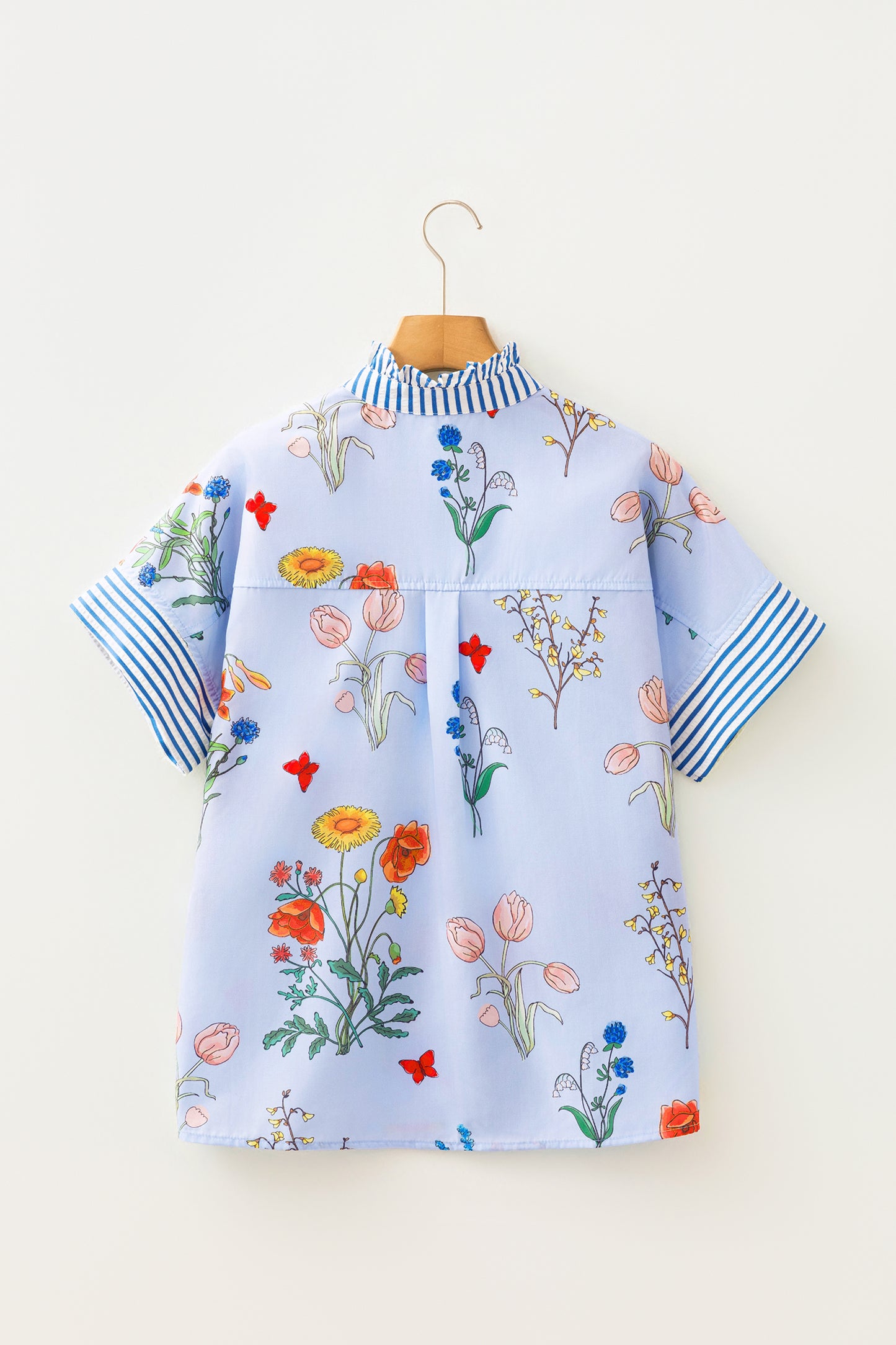 Beige Floral Striped Patchwork Ruffled Collar Short Sleeve Shirt