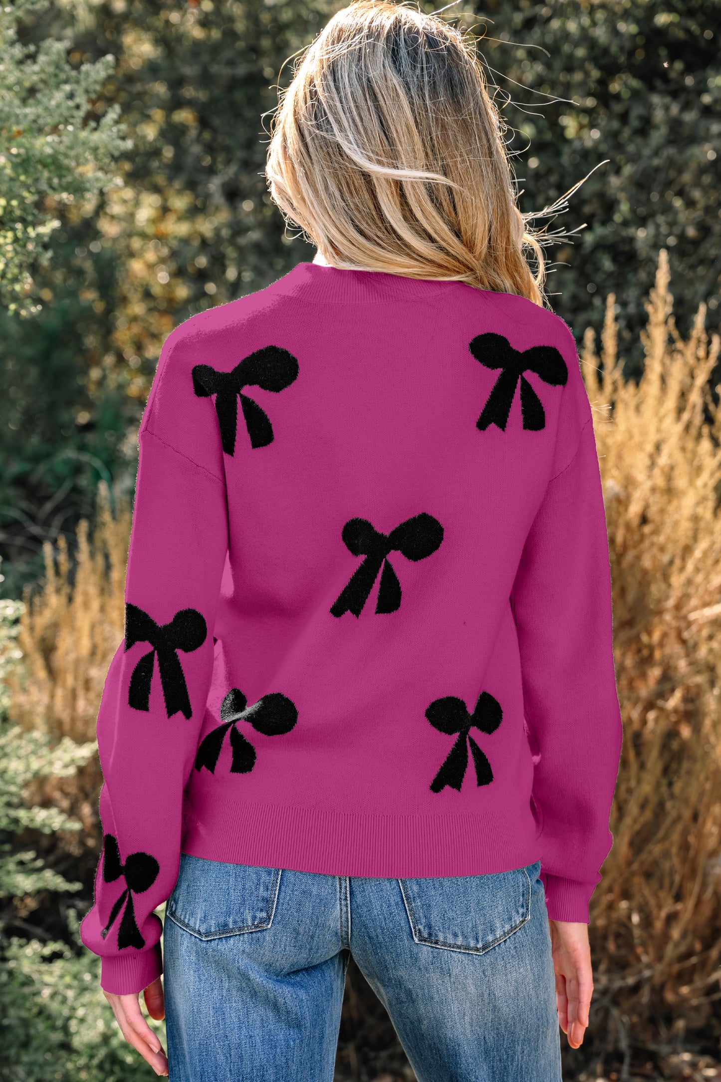 Smoke Gray Pearl Embellished Bow Pattern Loose Sweater