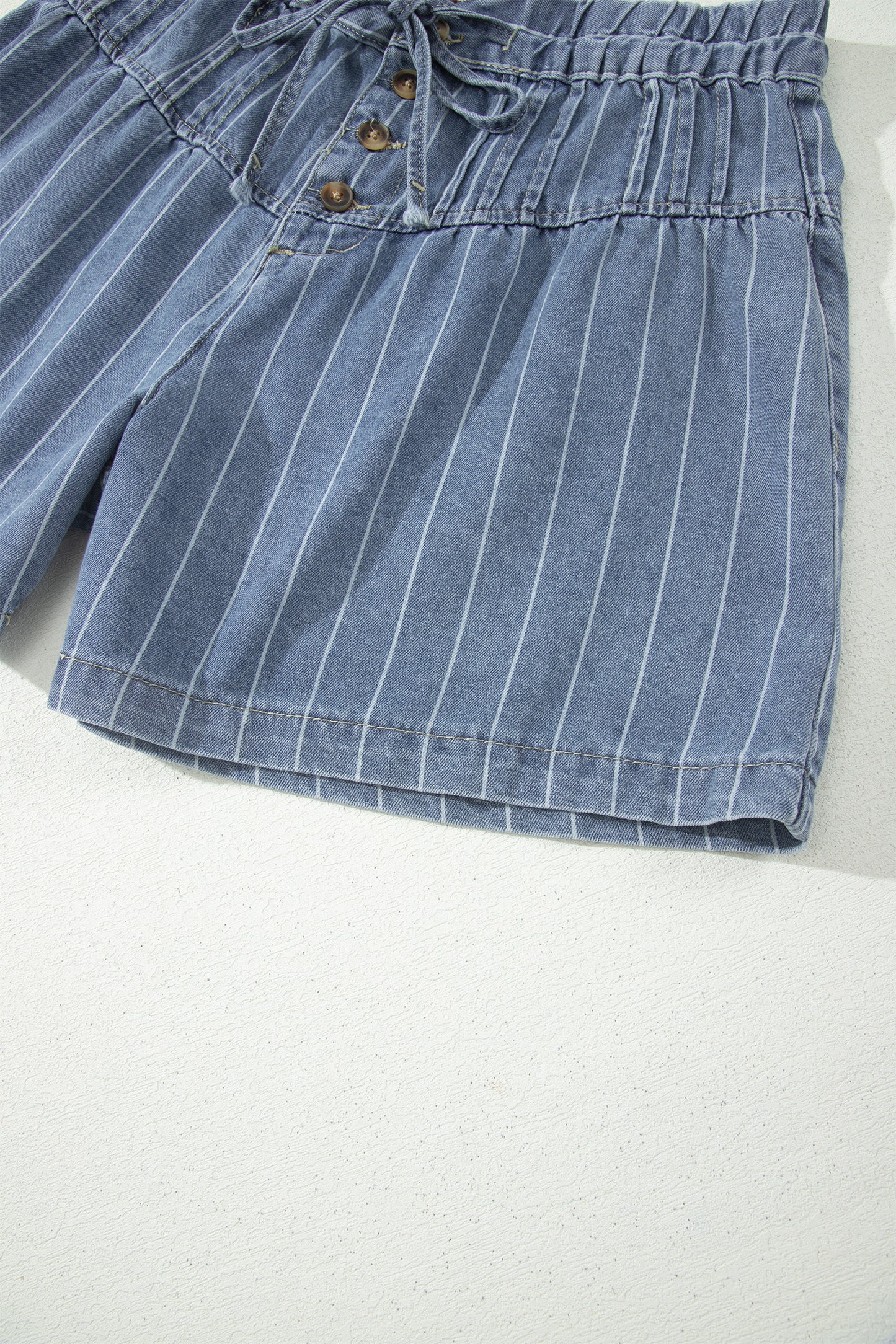 Sky Blue Stripe Drawstring Button Pleated High Waist Denim Shorts