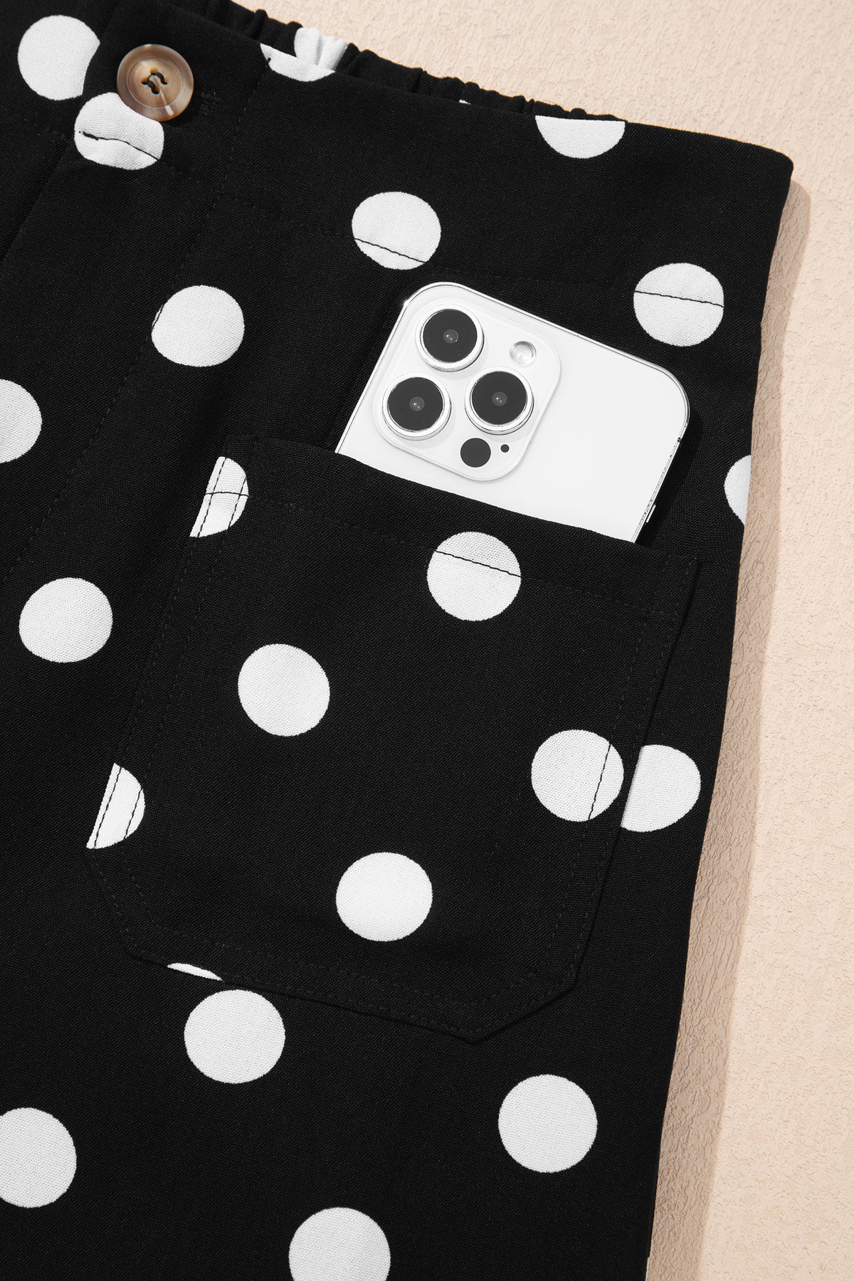 White Polka Dot Print Patched Pocket Mid-rise Straight Leg Pants