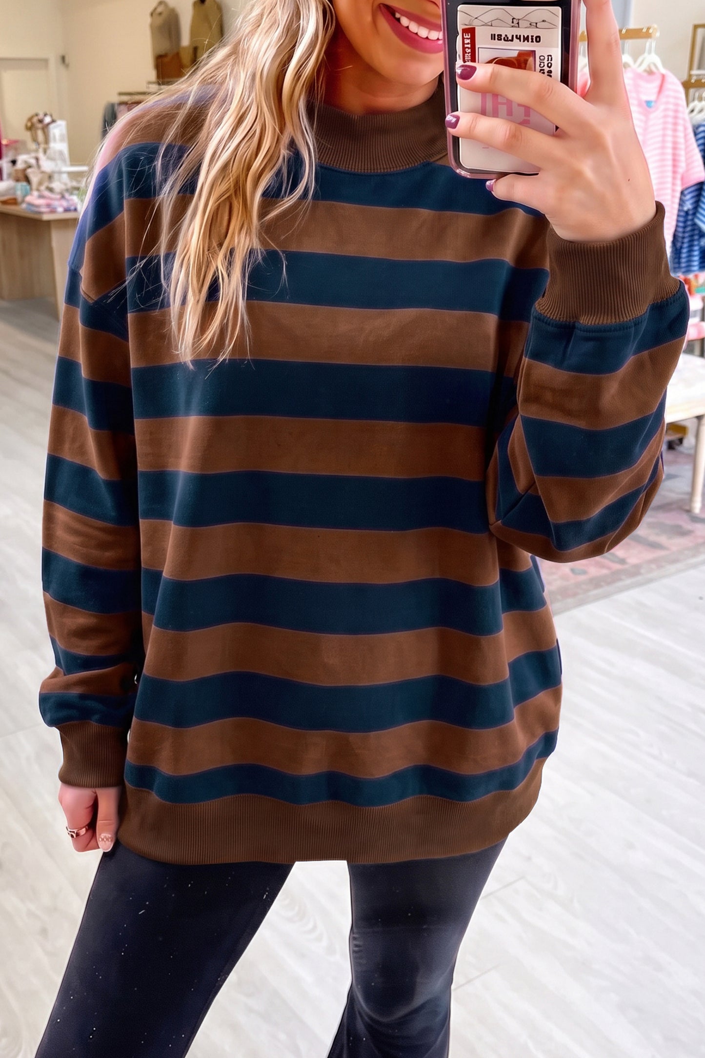 Blue Stripe Colorblock Mock Neck Relaxed Sweatshirt