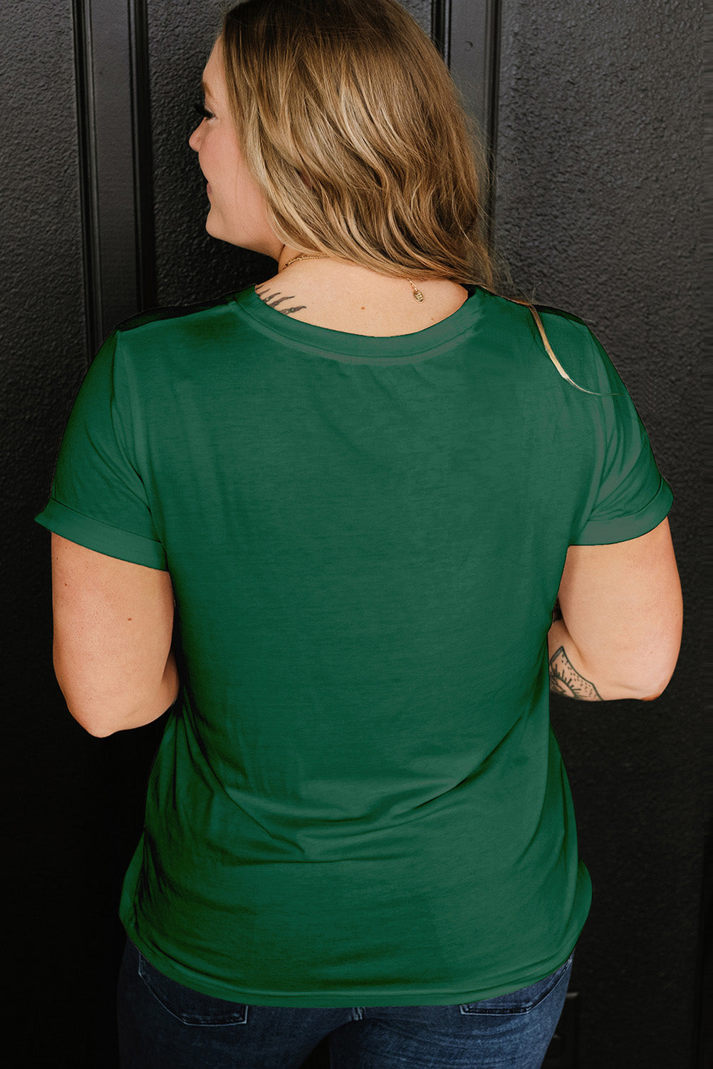 Black Round Neck Rolled Sleeve Plus Size T-shirt