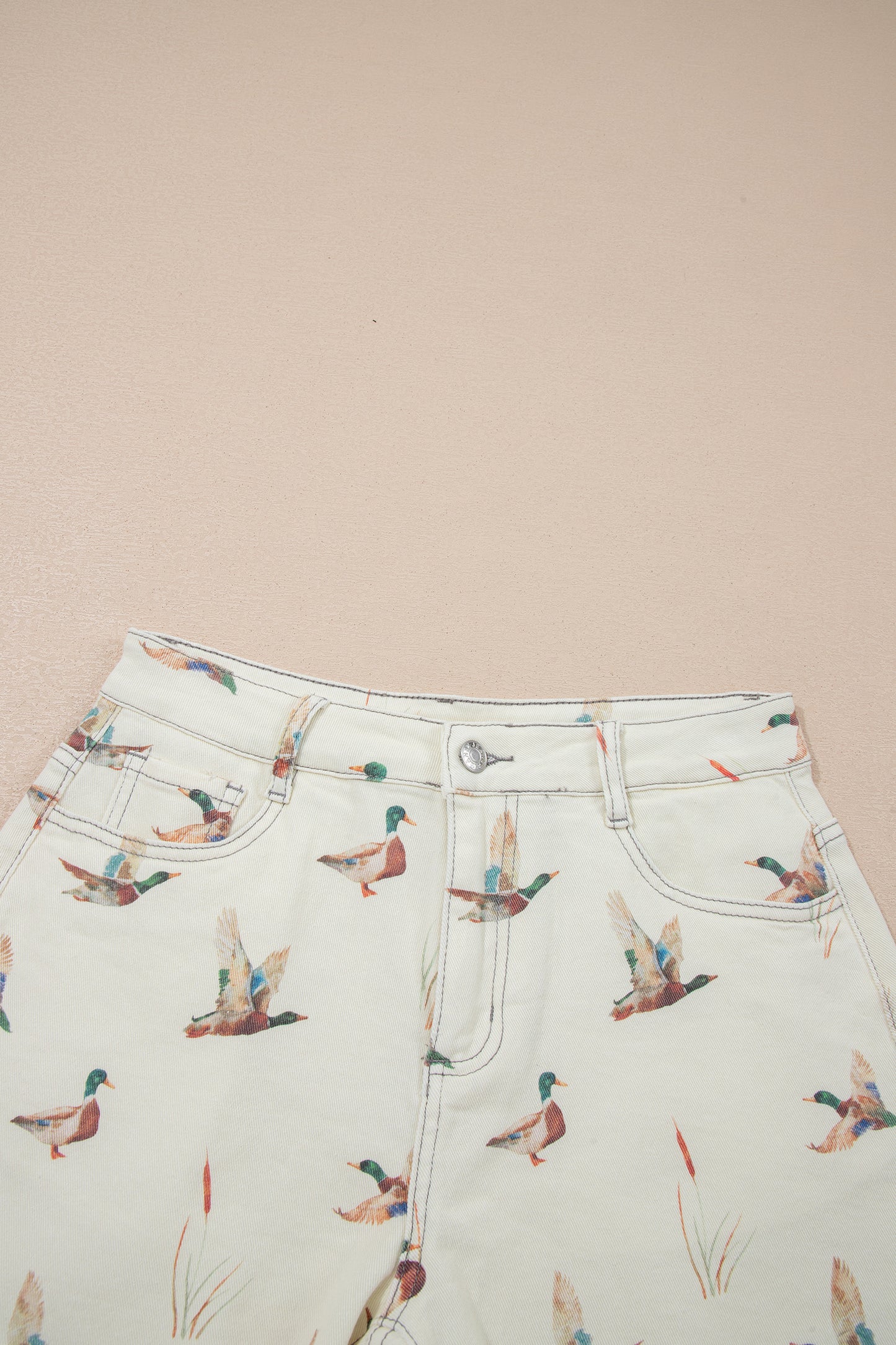 Beige Wild Duck Mallard High Waist Frayed Denim Shorts