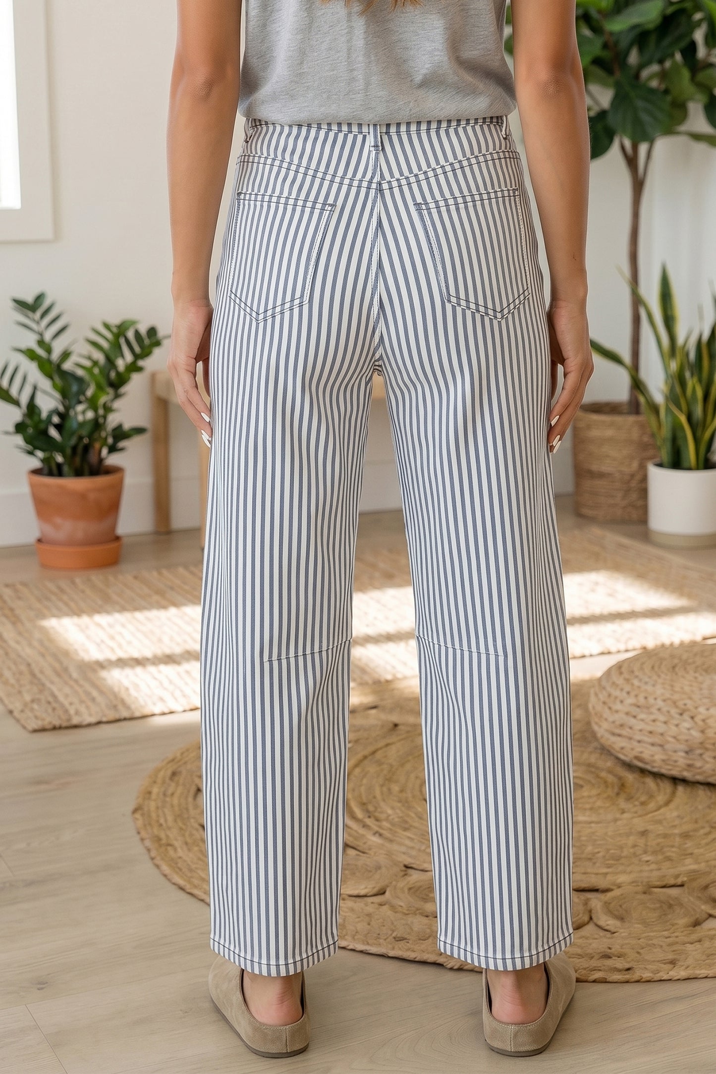 Khaki Stripe Casual Barrel Jeans