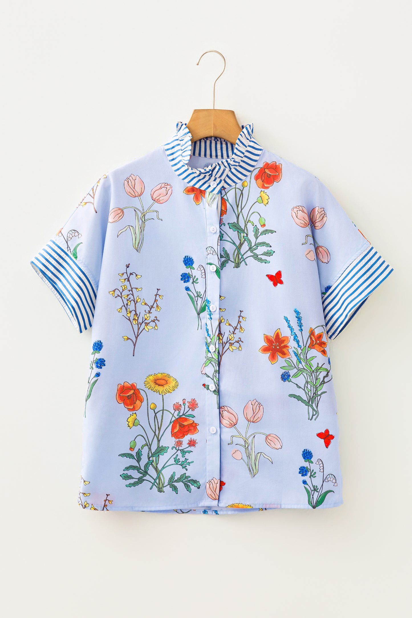 Beige Floral Striped Patchwork Ruffled Collar Short Sleeve Shirt