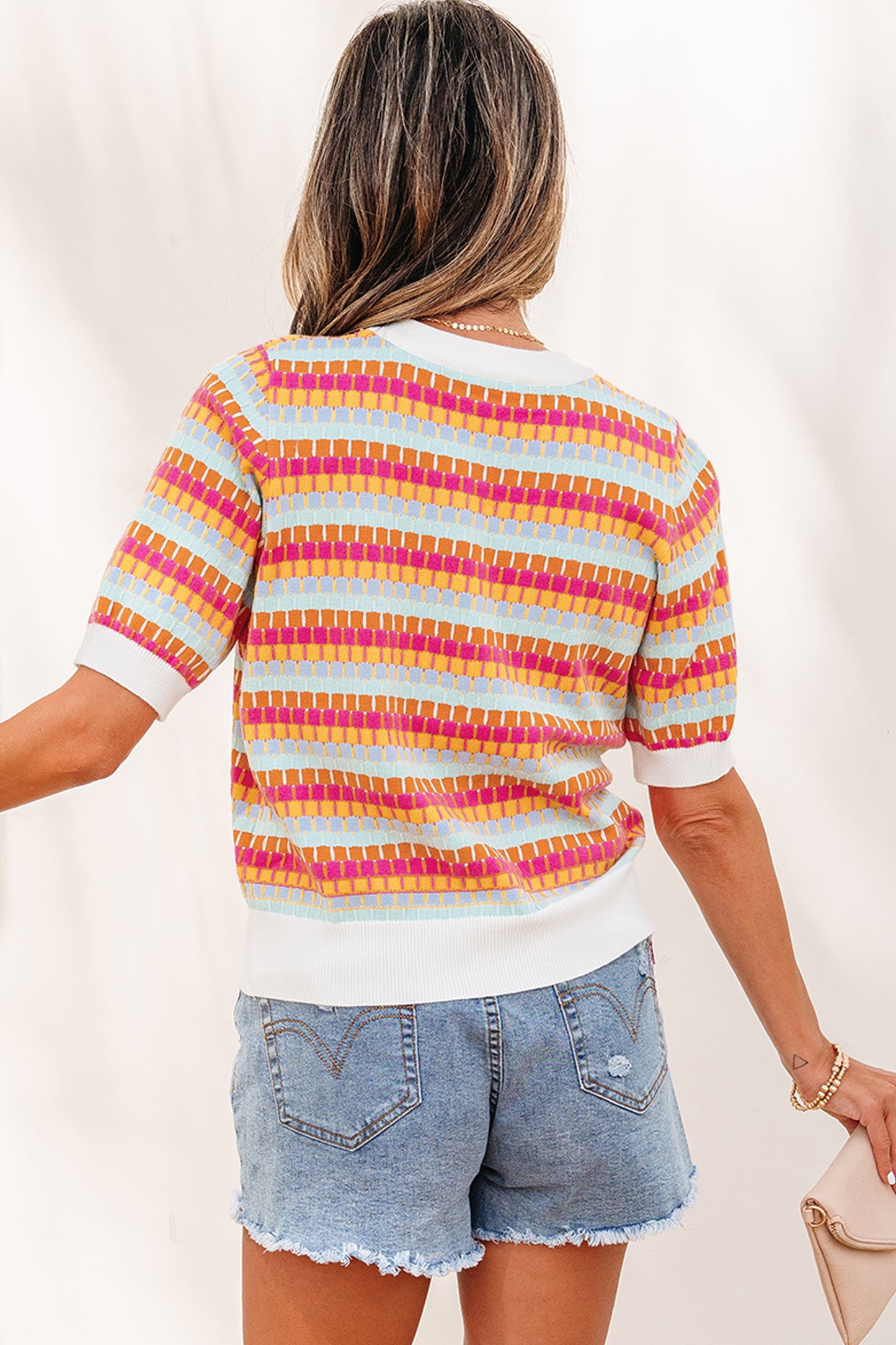 Rose Red Abstract Striped Knit Short Sleeve Sweater