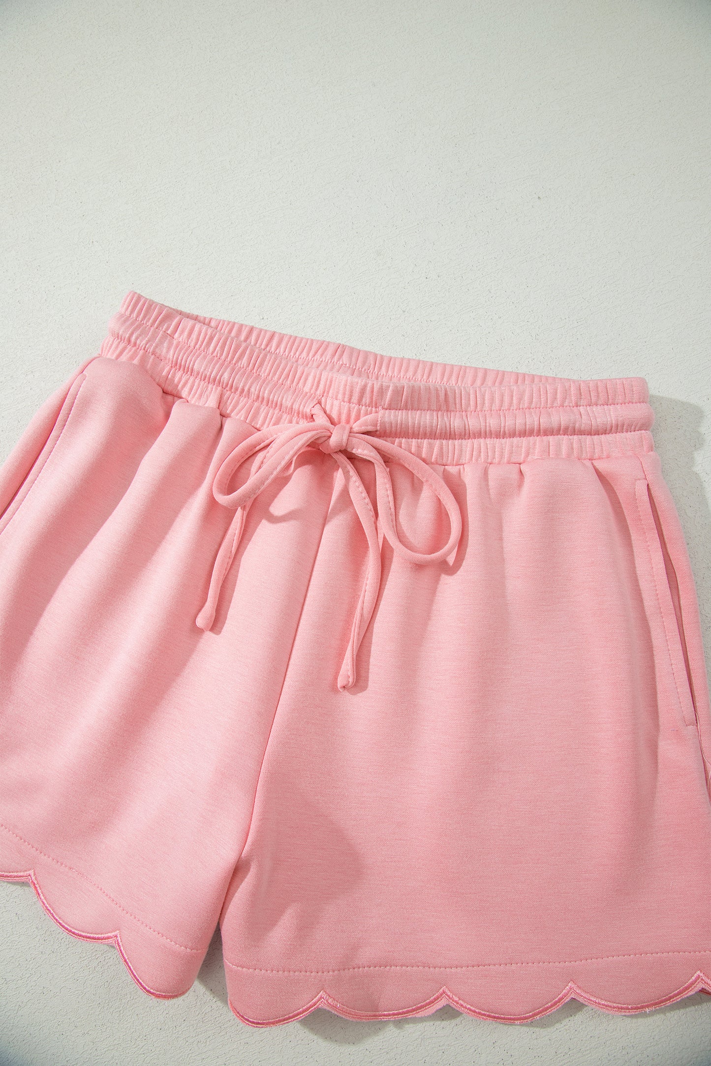 Gossamer Pink Scalloped V Neck Dolman Oversize Top Drawstring Short Set