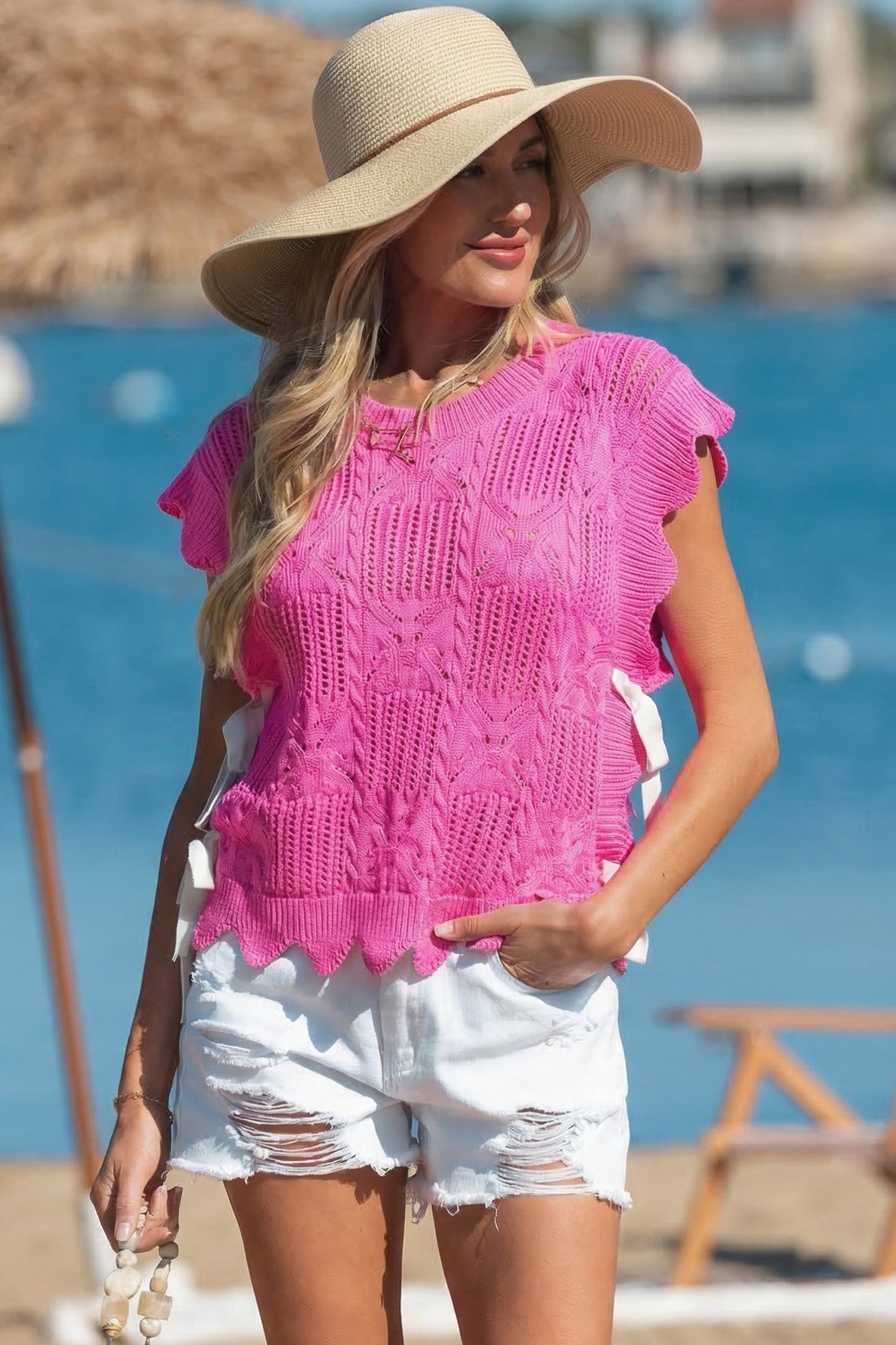 Beau Blue Pointelle Knit Patterned Scalloped Trim Short Sleeve Sweater