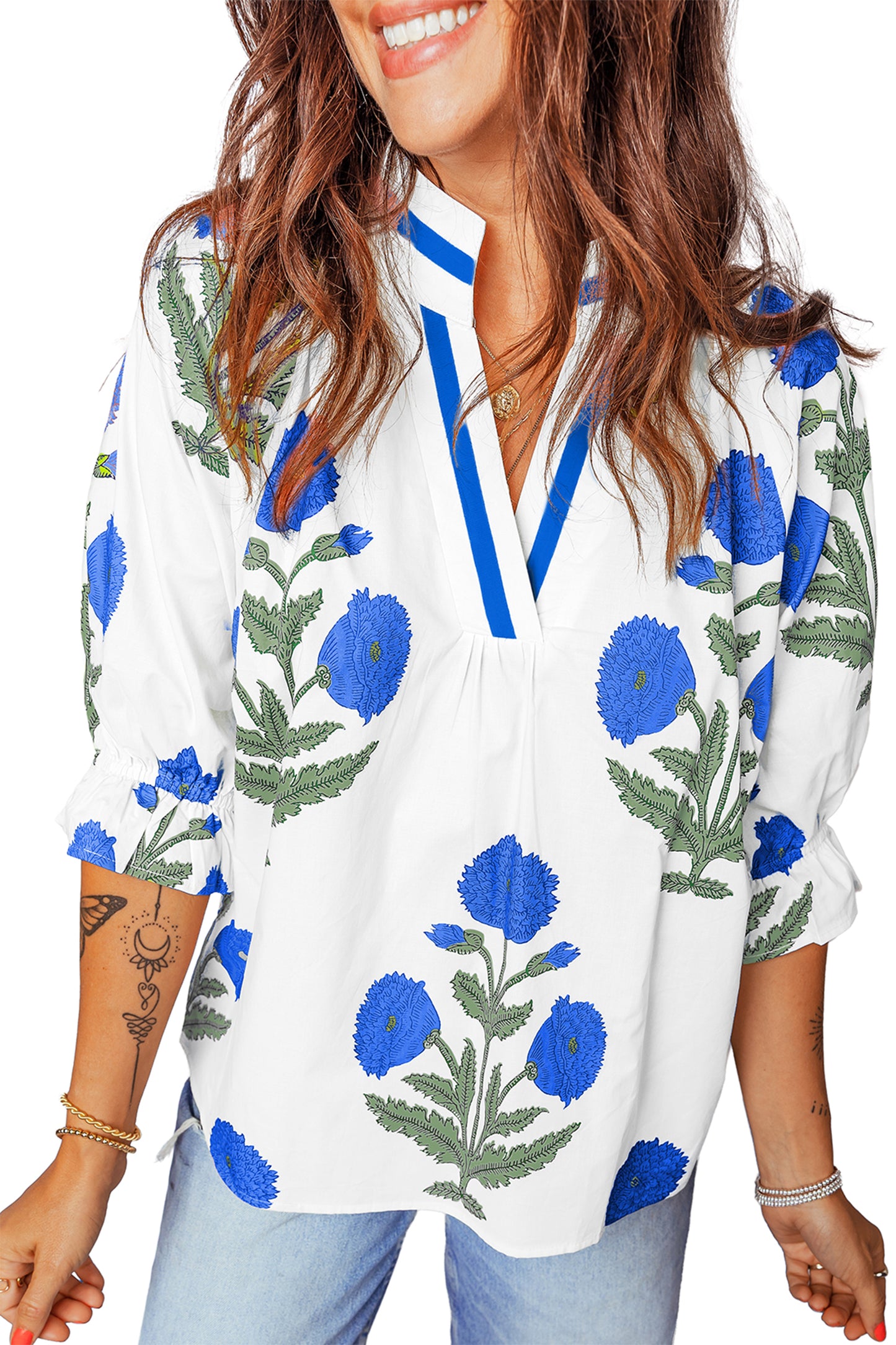 Casual Wild Flower Print V Neck 3/4 Sleeve Blouse