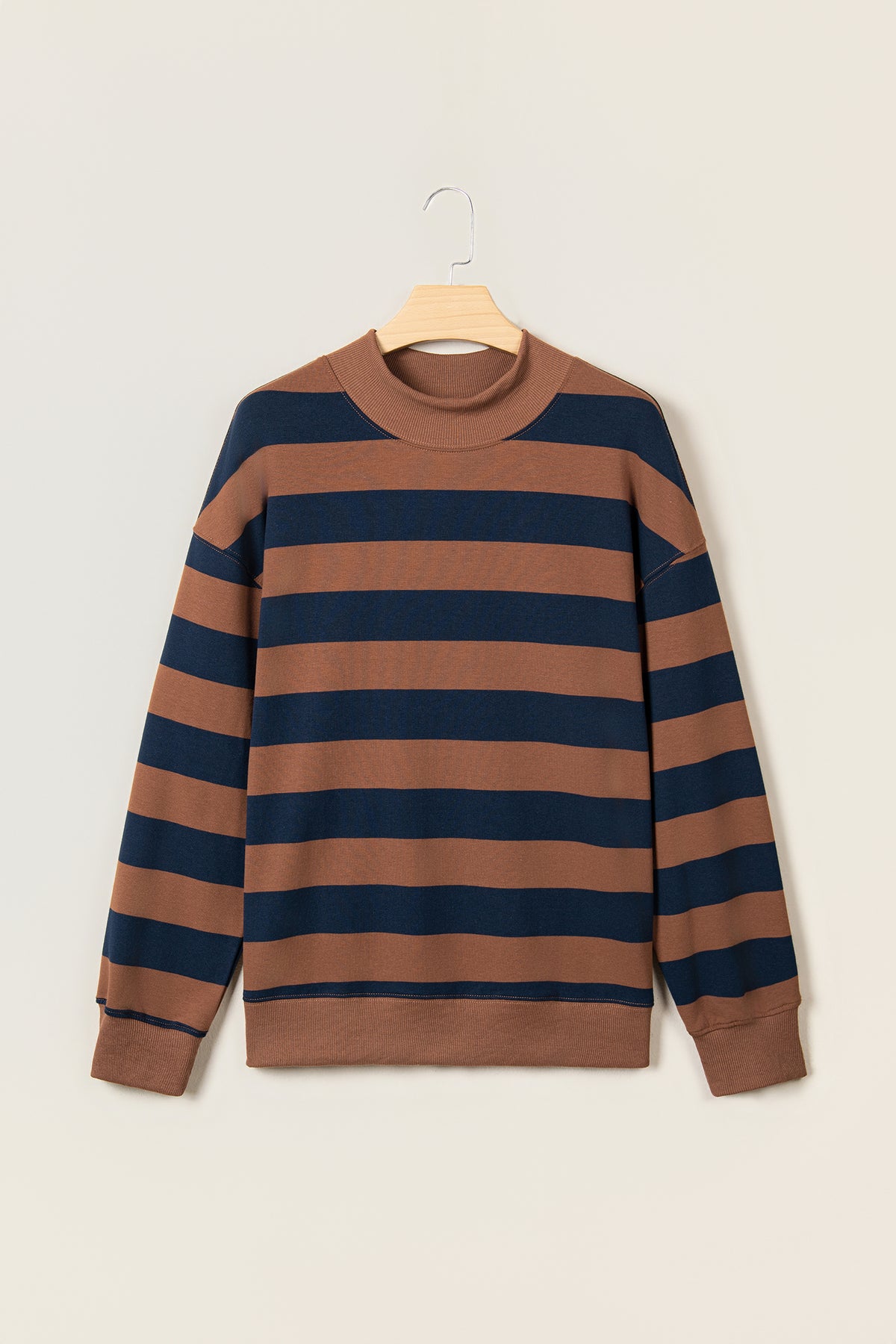 Blue Stripe Colorblock Mock Neck Relaxed Sweatshirt