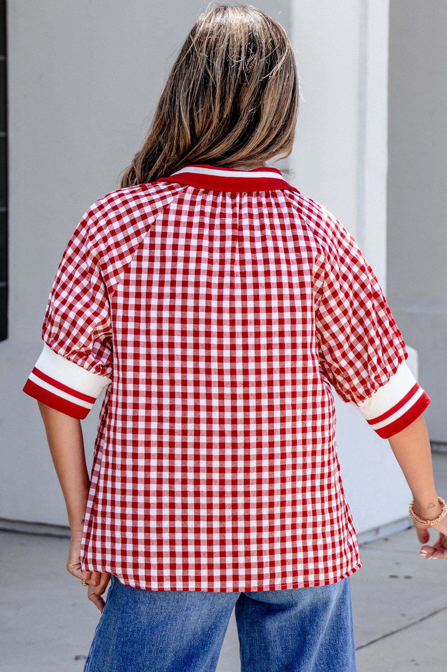 Red Gingham Striped Patchwork Half Zip Blouse
