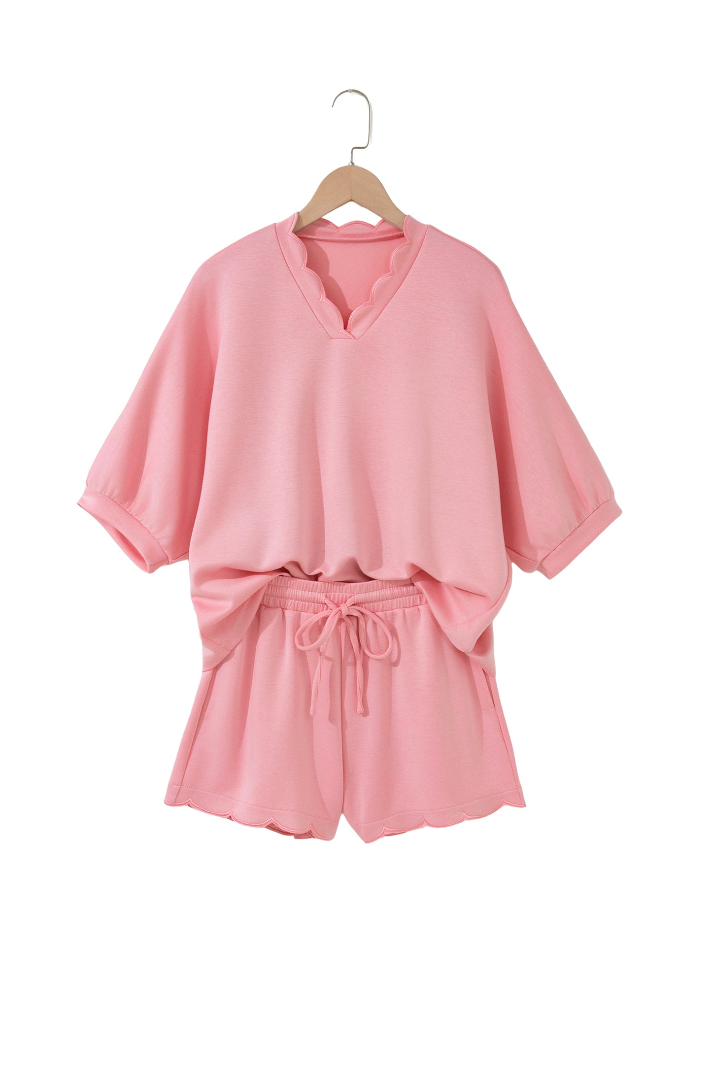 Gossamer Pink Scalloped V Neck Dolman Oversize Top Drawstring Short Set