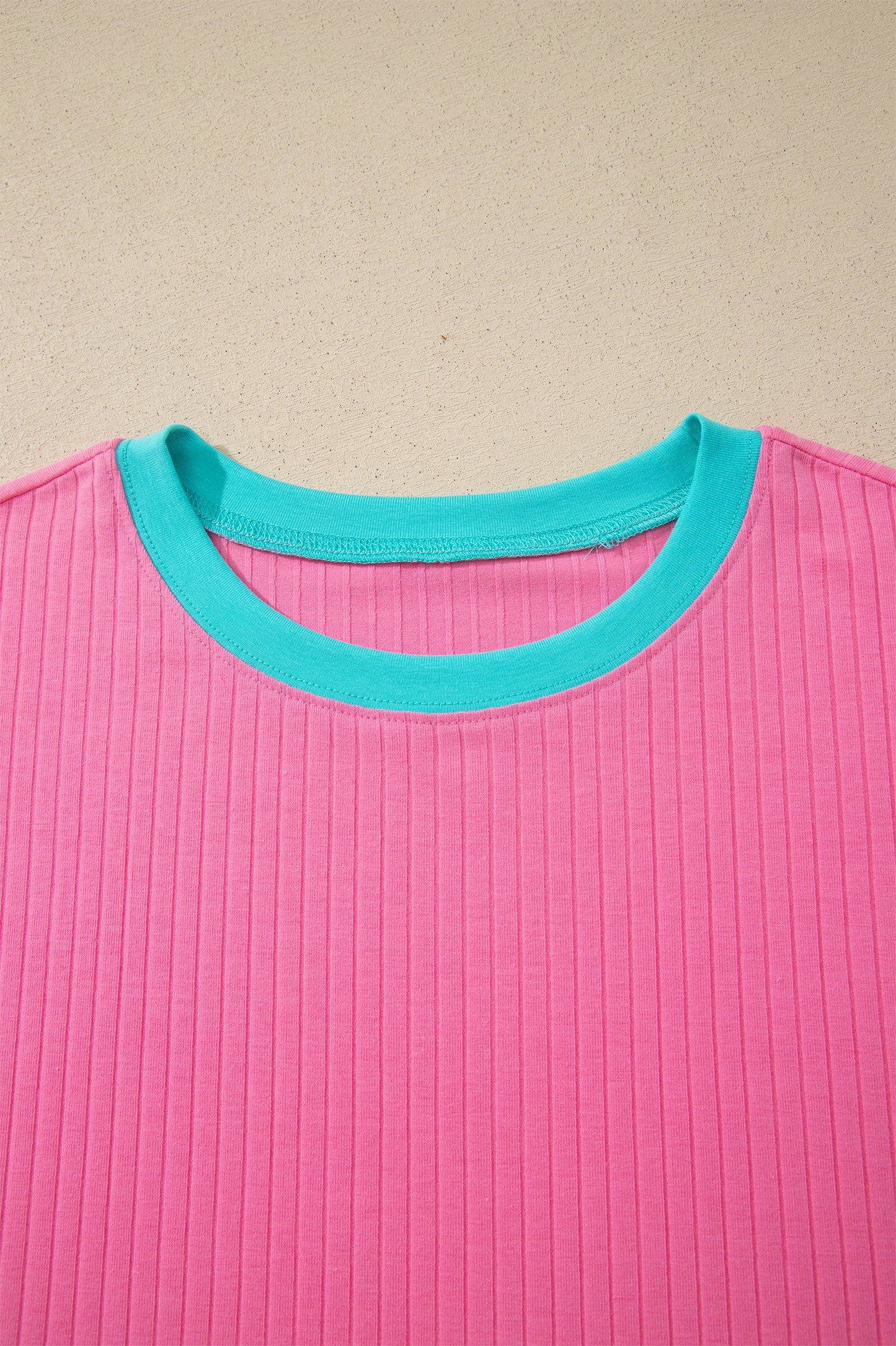 Sachet Pink Soft Ribbed Color Block Trim Casual Short Set