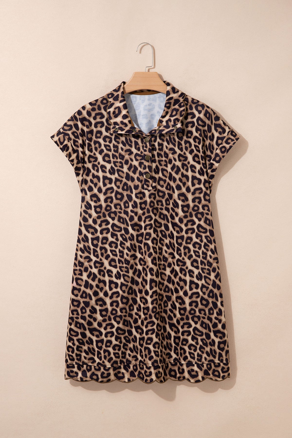 Khaki Buttoned Collar Short Sleeve Shift Leopard Dress with Pockets
