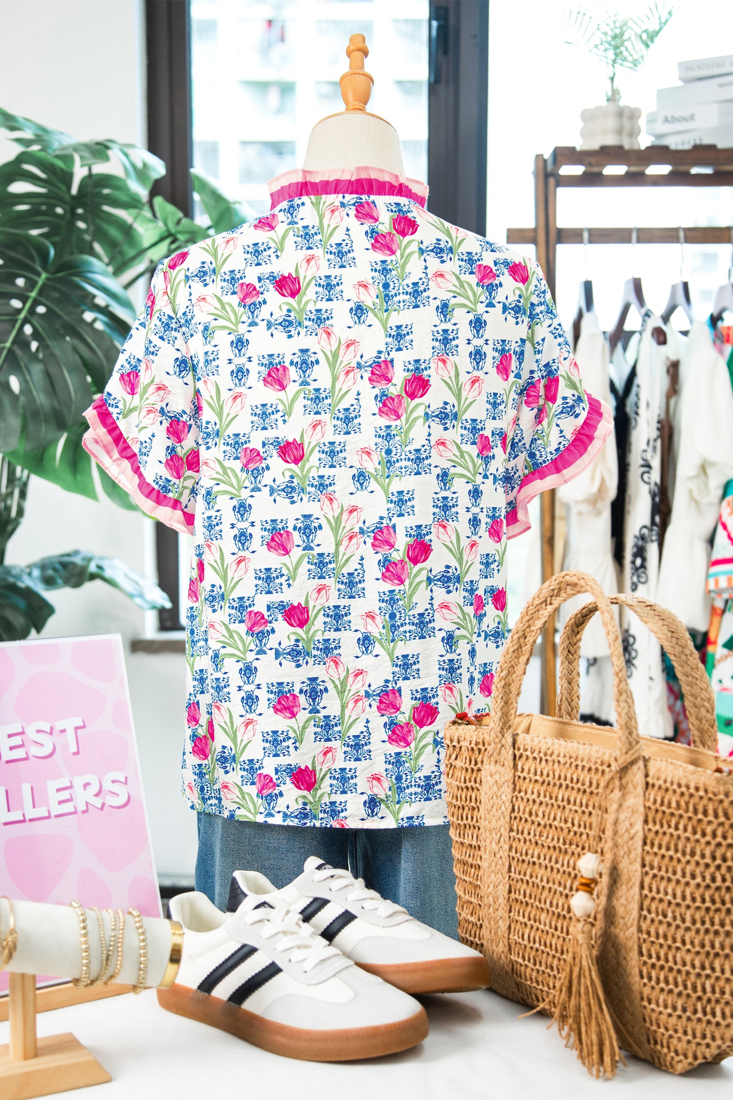 Rose Floral Print Ruffle V-Neck Short Sleeve Loose Tunic Shirt
