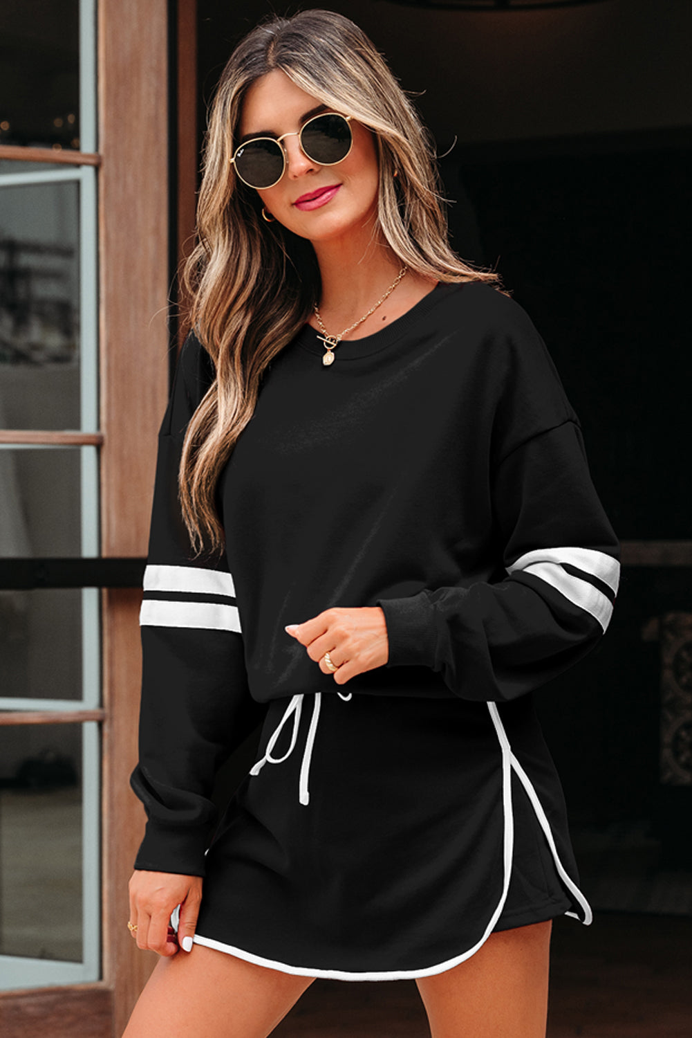 Sky Blue Varsity Stripe Detail Drop Shoulder Pullover Mini Skort Set