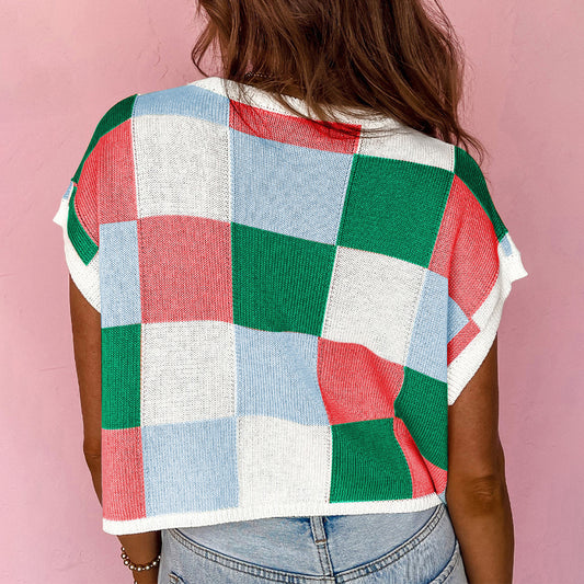 Dark Green Color Block Cap Sleeve Sweater