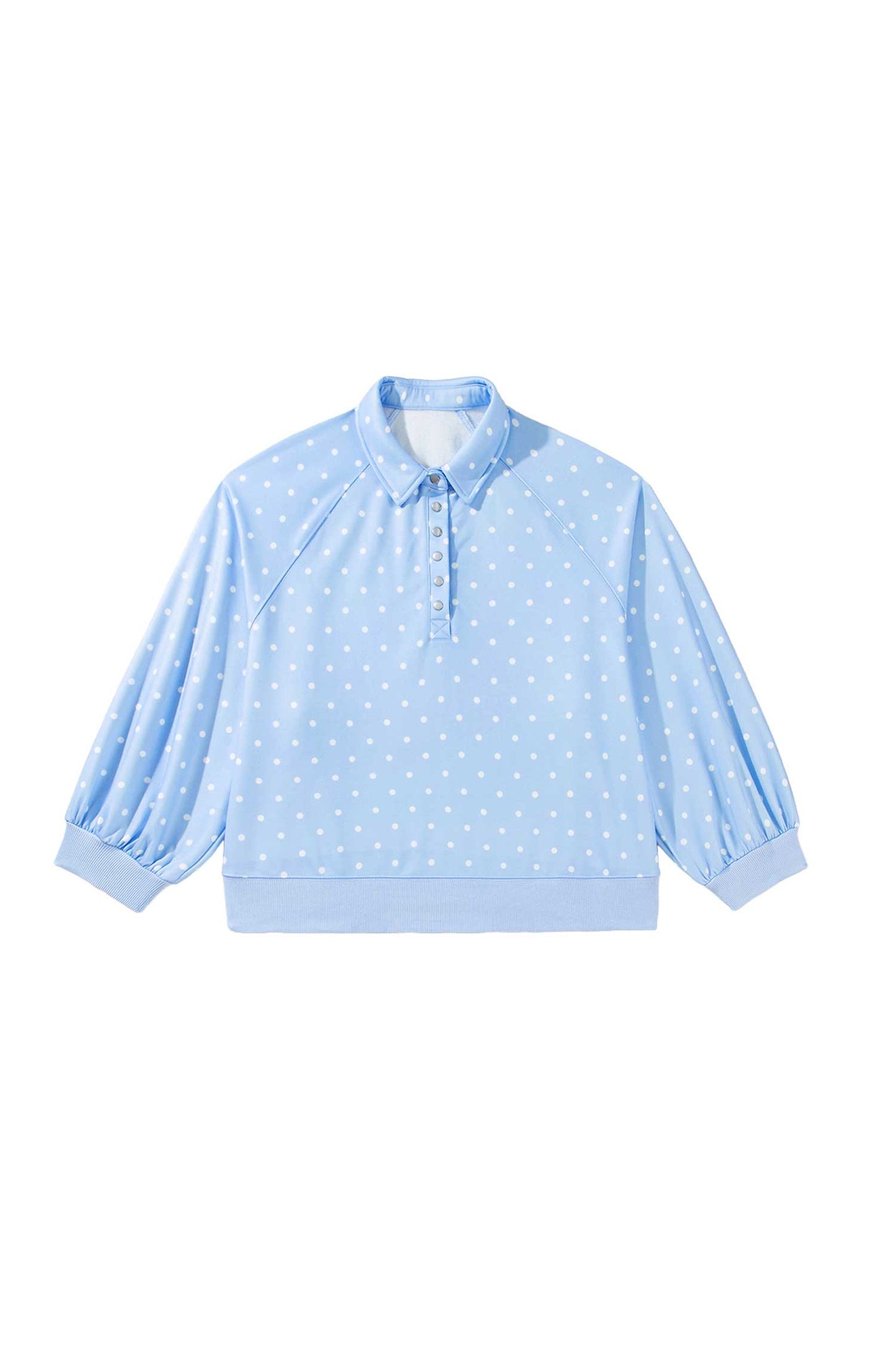 Sky Blue Polka Dot V Neck Metal Button Long Sleeve Shift Plus Size Sweatshirt