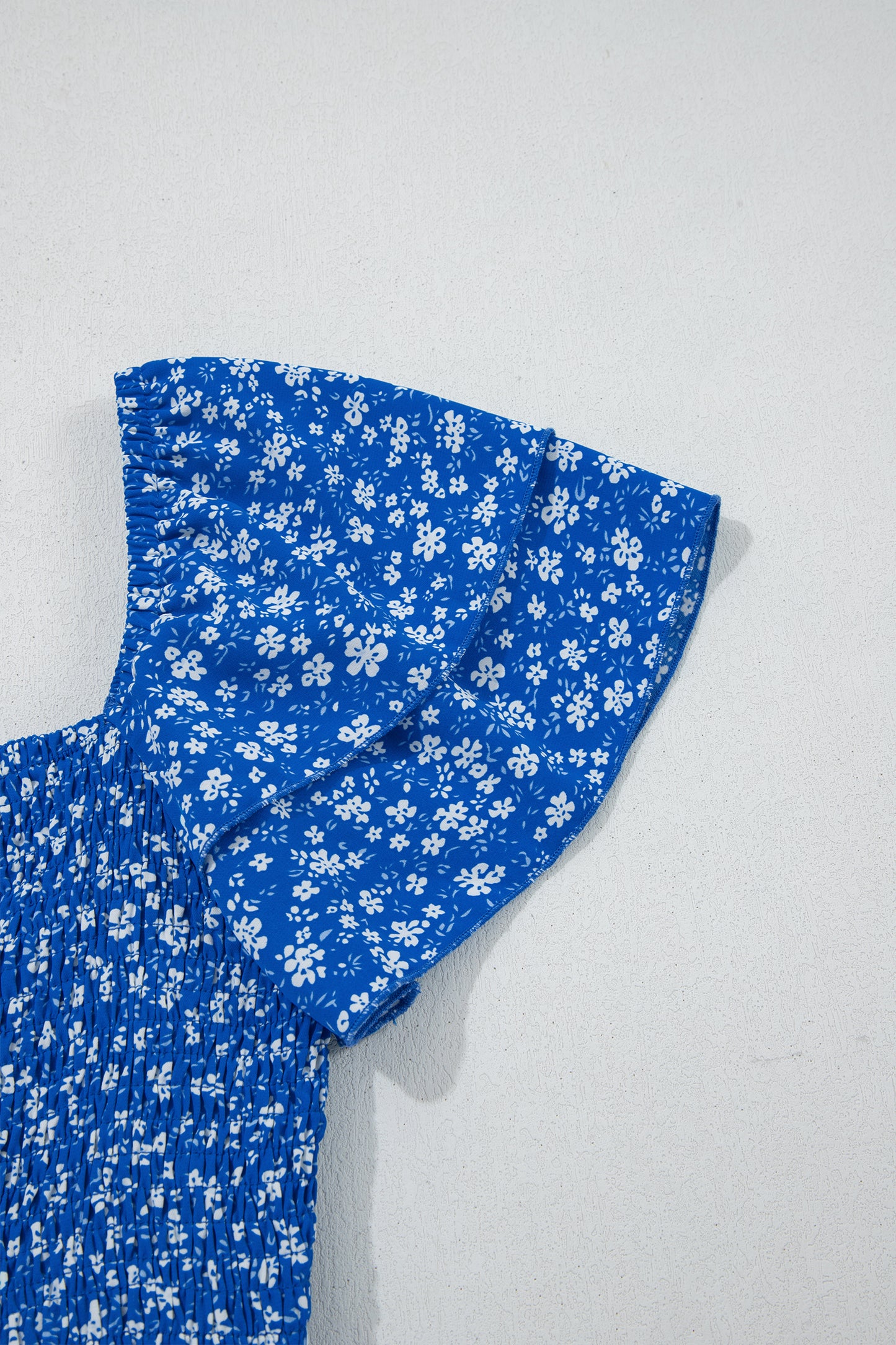 Blue Ditsy Floral Print Smocked Square Neck Ruffle Short Sleeve Dress