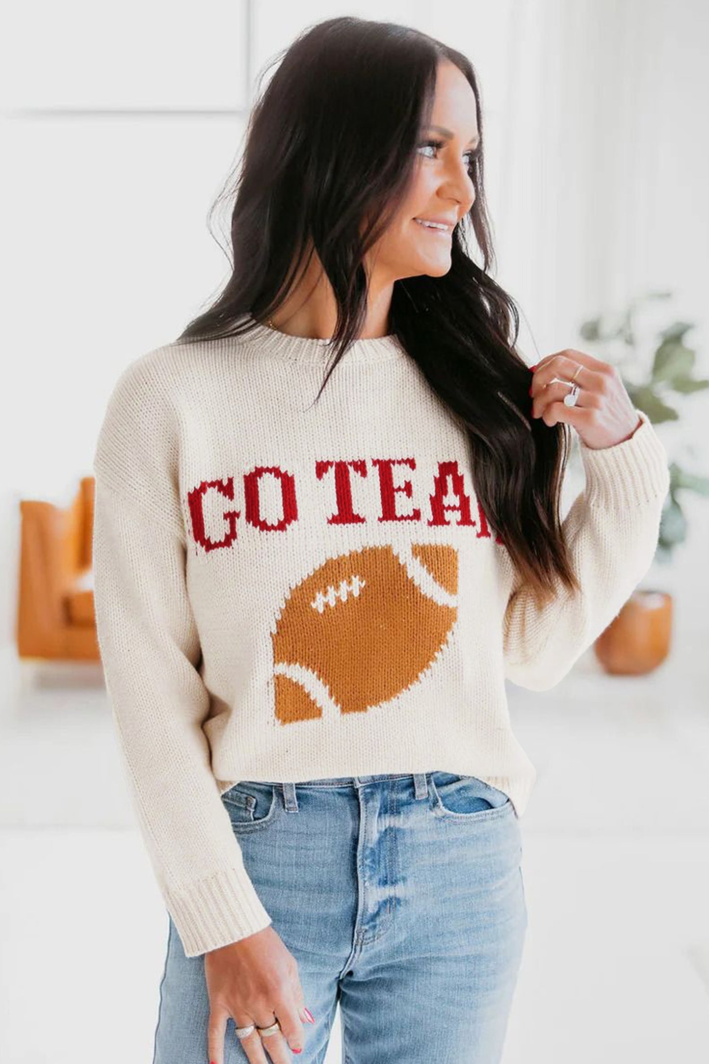 Beige Go Team Football Drop Shoulder Knit Top Sweater