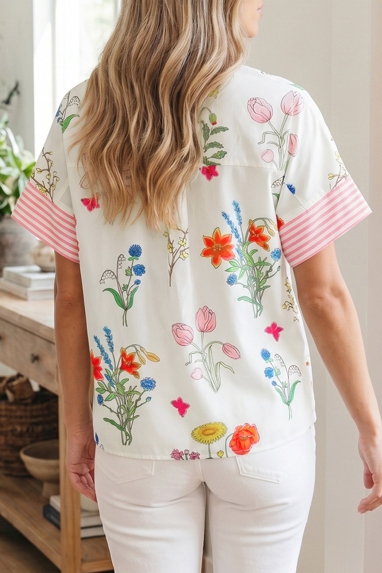 Beige Floral Striped Patchwork Ruffled Collar Short Sleeve Shirt