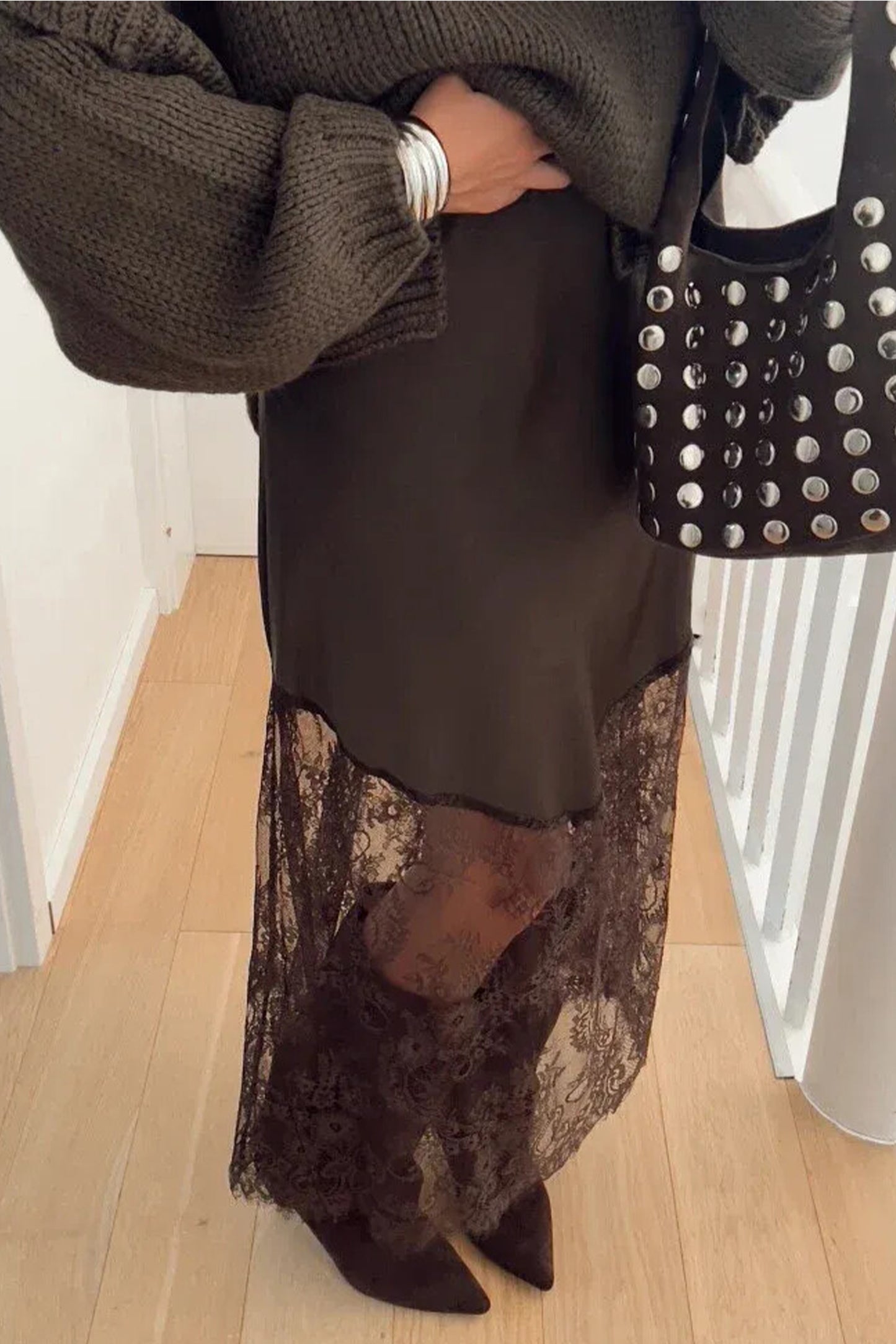 Dark Brown Lace Patchwork Hem Long Casual Shift Skirt