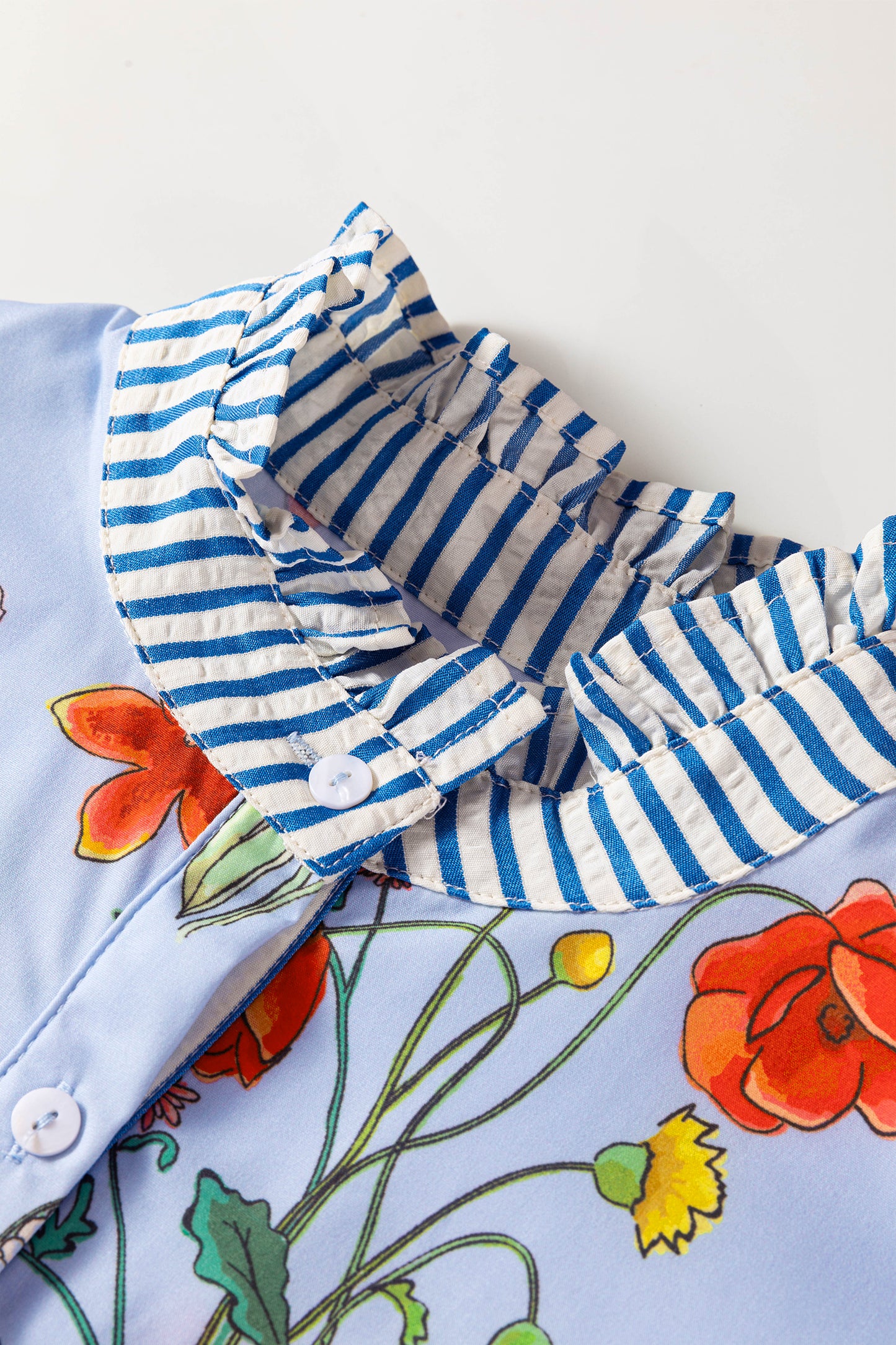 Beige Floral Striped Patchwork Ruffled Collar Short Sleeve Shirt