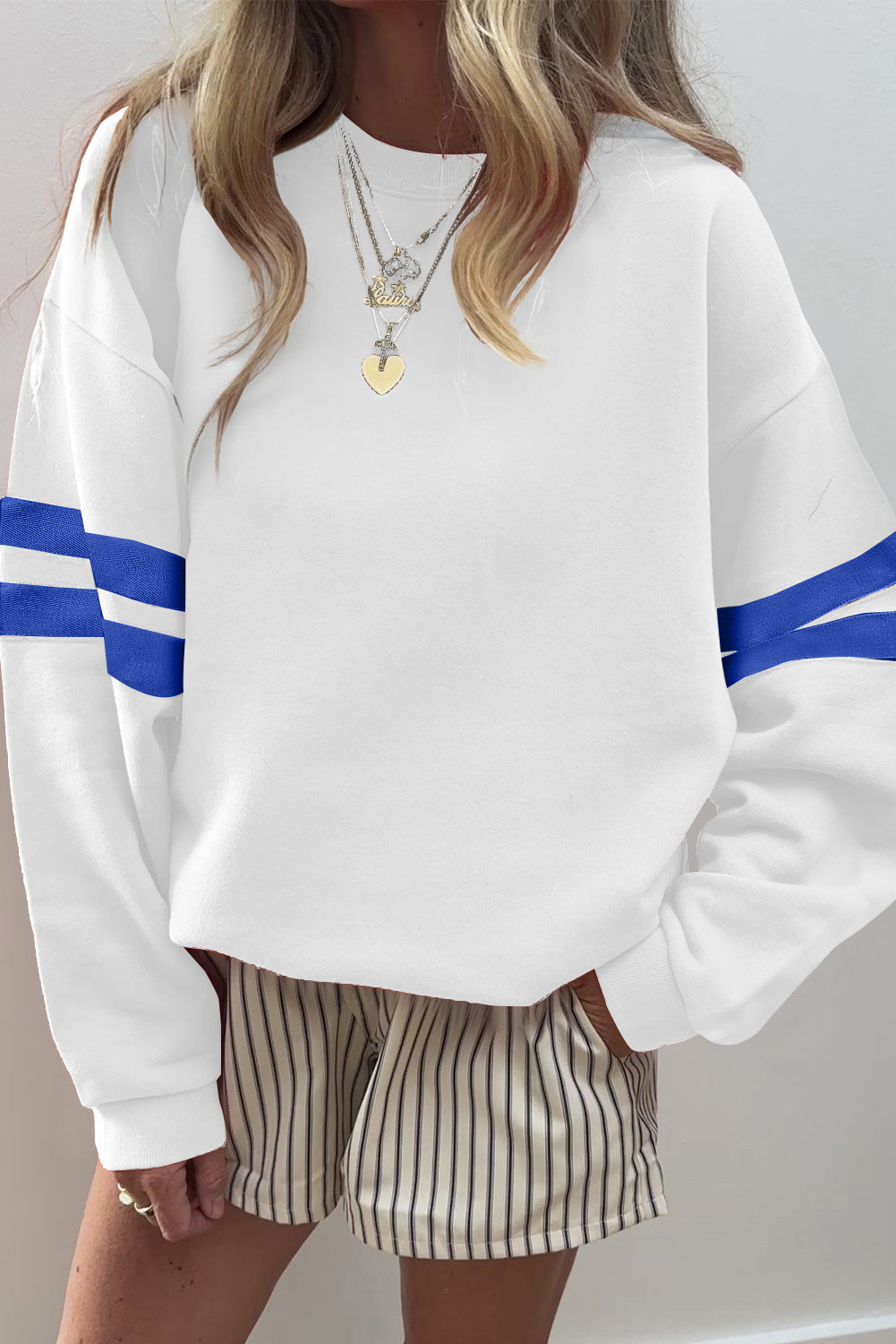 Sky Blue Varsity Striped Detail Drop Shoulder Oversized Sweatshirt