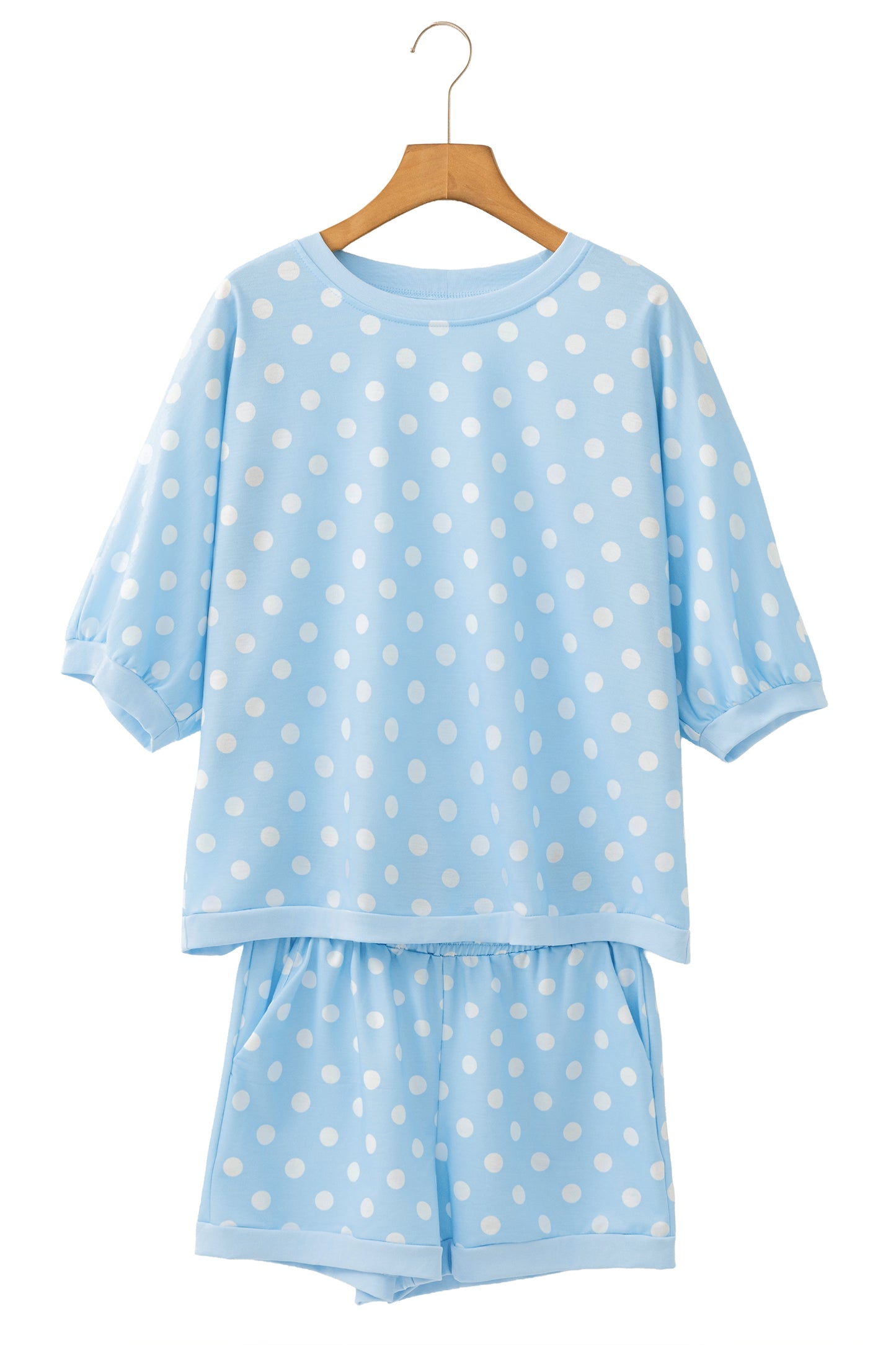 Beige Polka Dot Oversized Top Drawstring Short Set