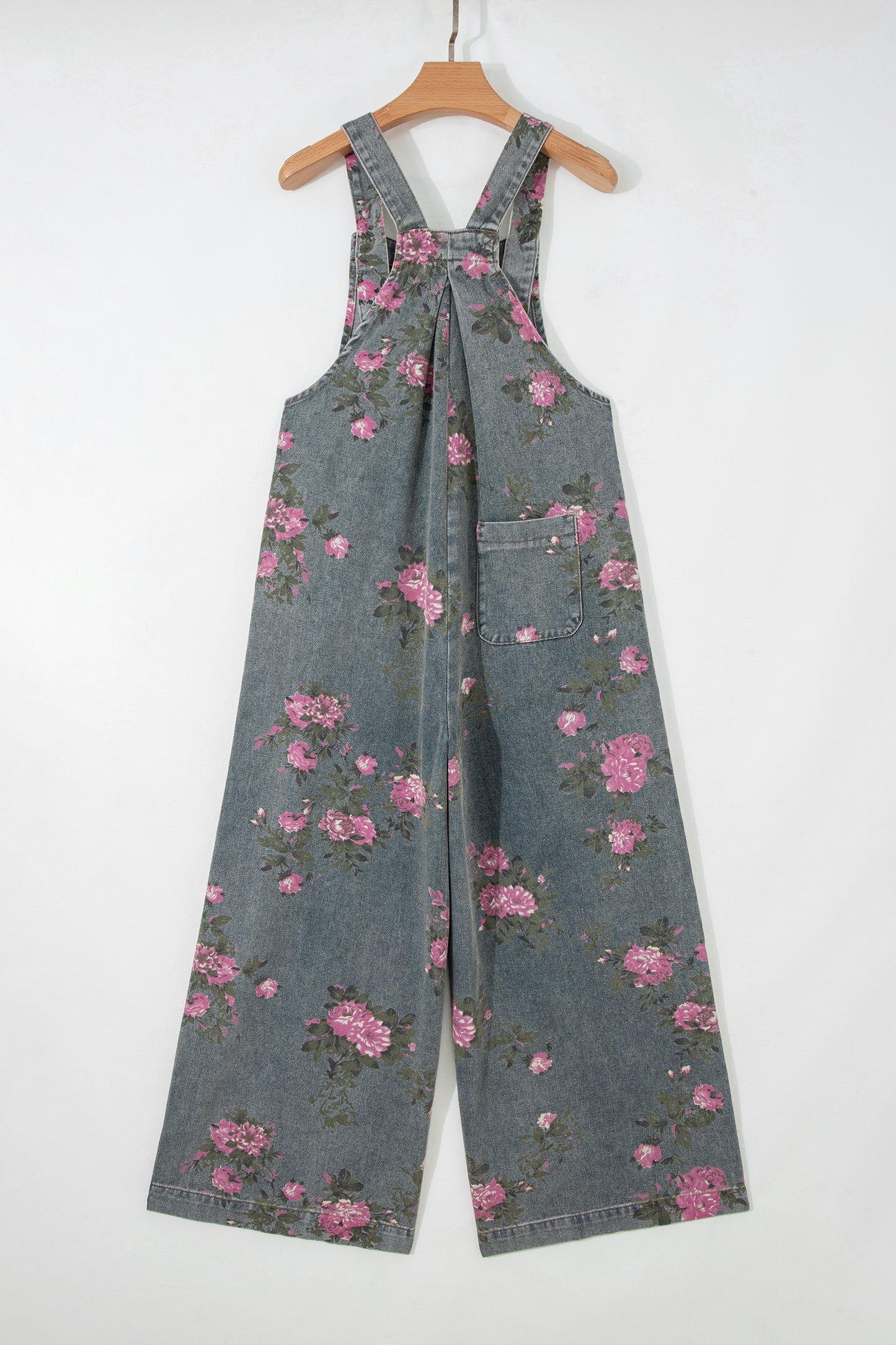 Beau Blue Floral Print Pleated High Waist Wide Leg Denim Jumpsuit