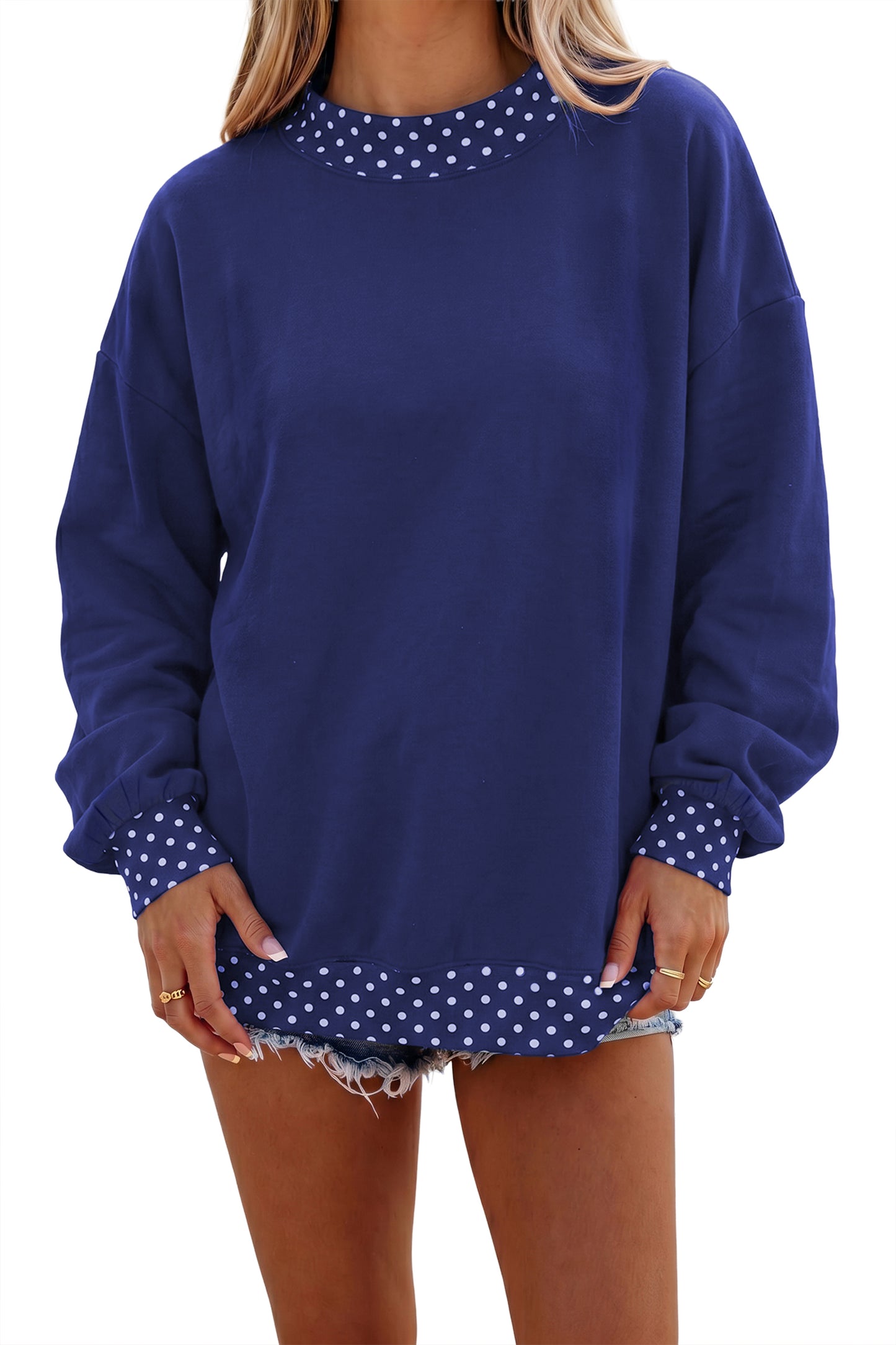 Dirty blue Colorblock Polka Dot Contrast Trim Oversized Sweatshirt