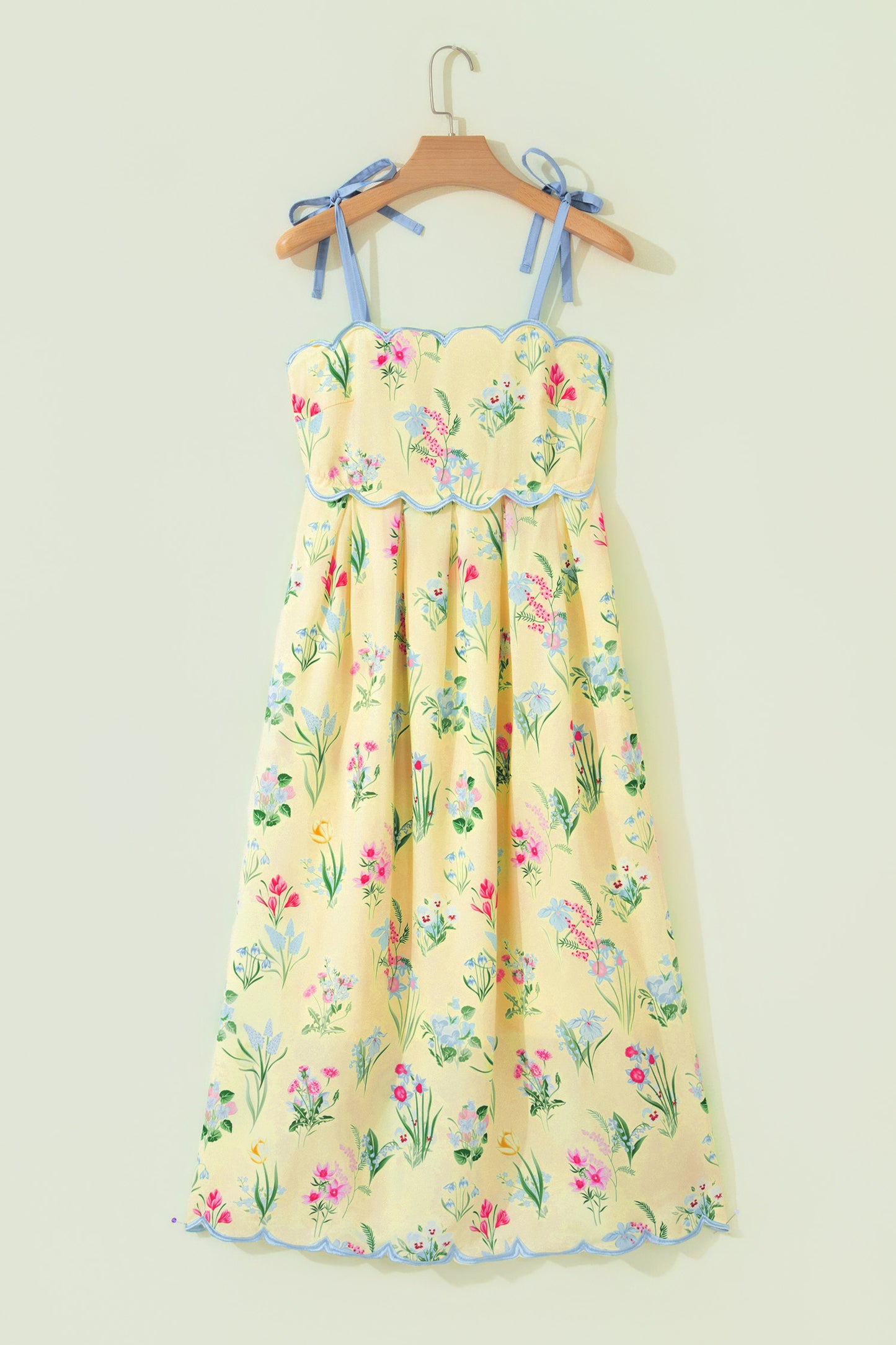 Beige Floral Print Contrast Trim Self-tie Straps High Waist Midi Dress