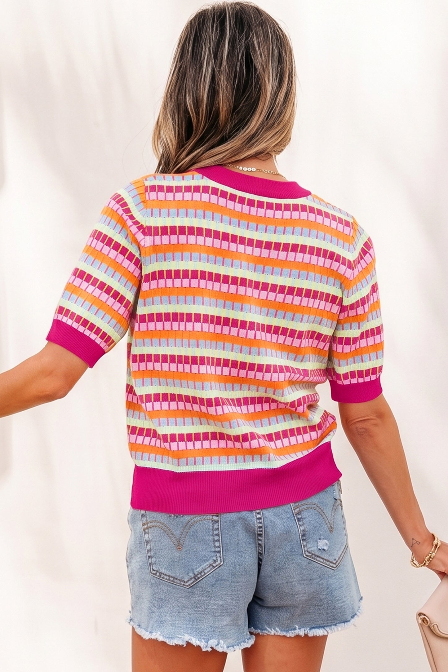 Rose Red Abstract Striped Knit Short Sleeve Sweater