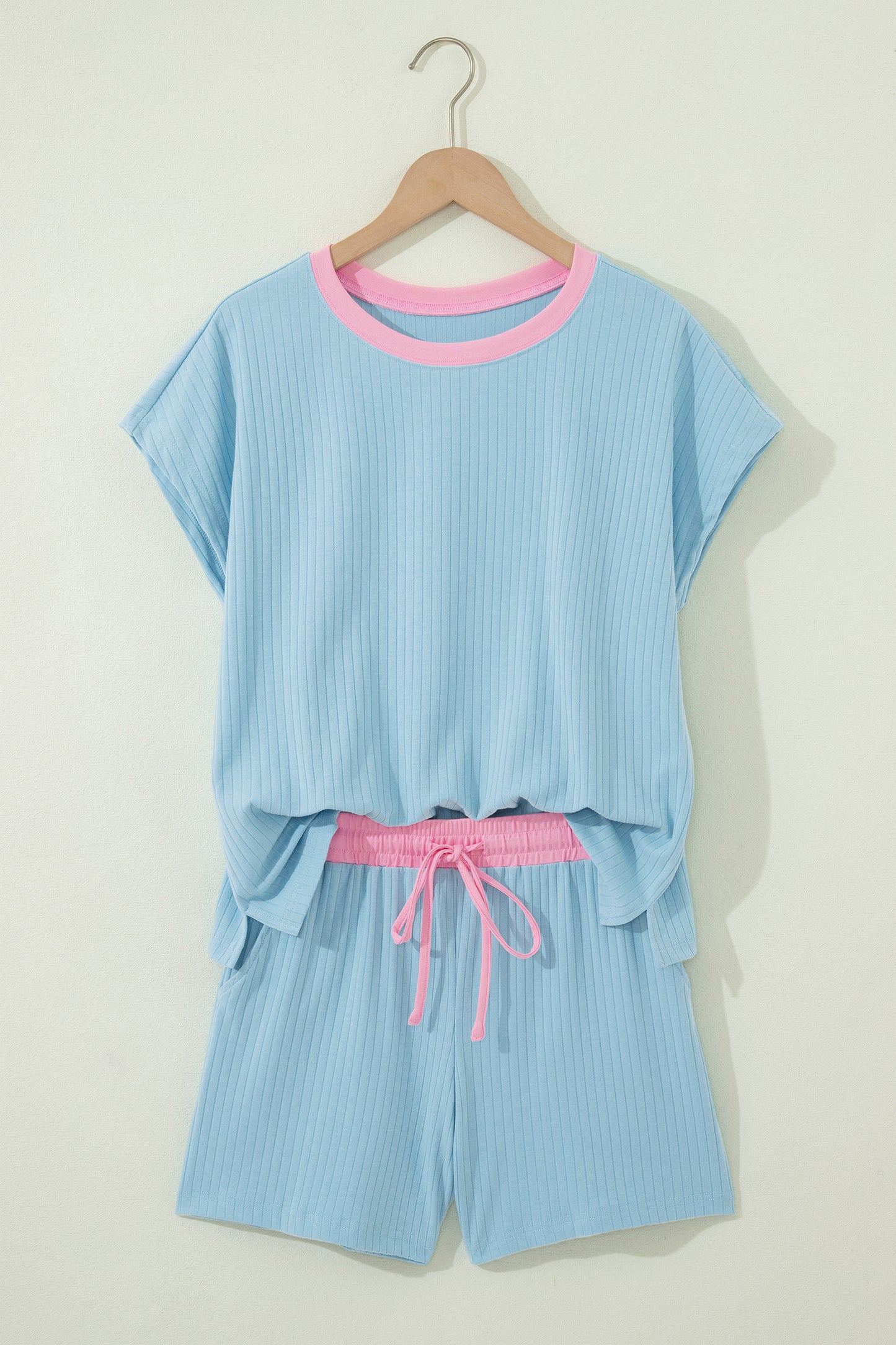 Sachet Pink Soft Ribbed Color Block Trim Casual Short Set